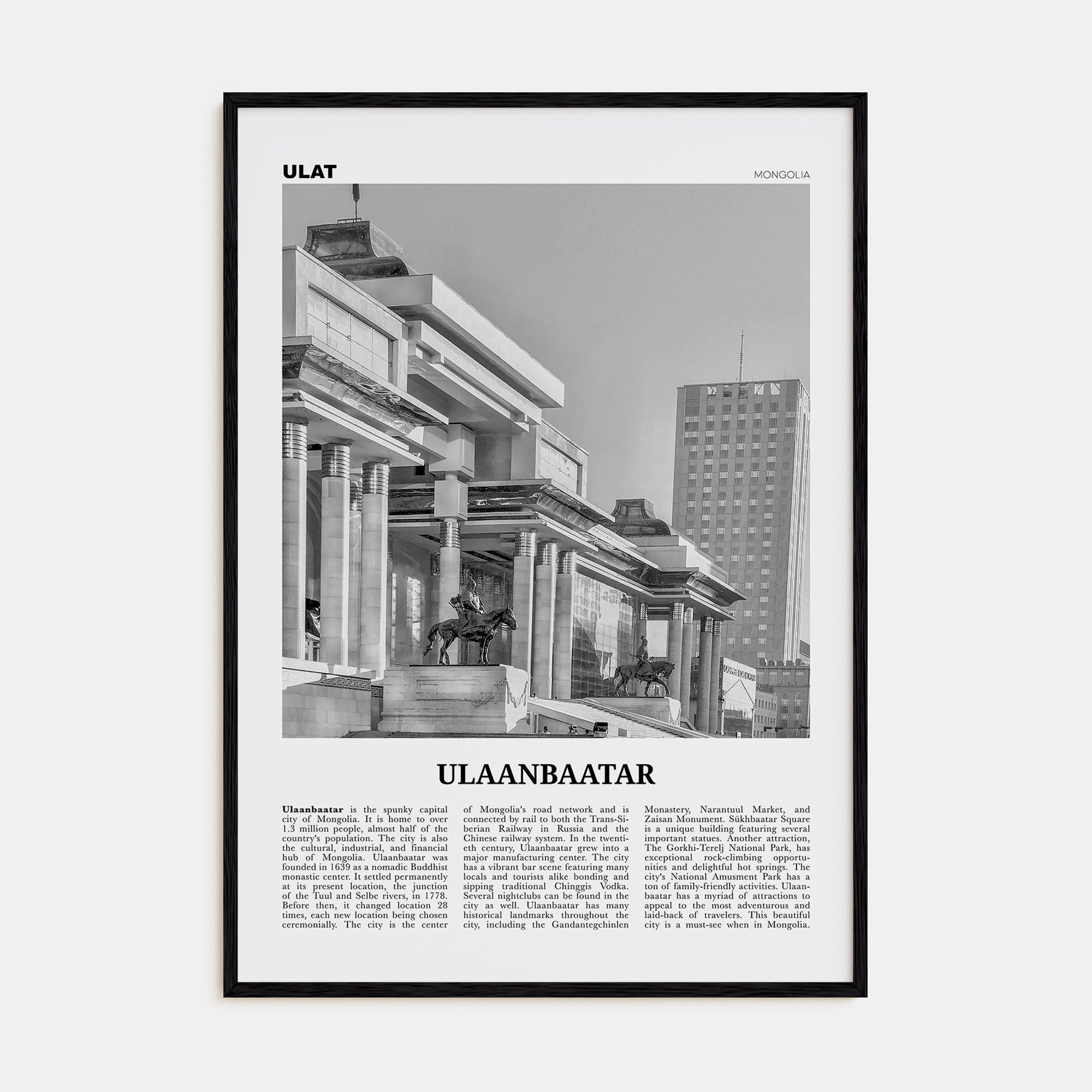 Ulaanbaatar Travel B&W Poster