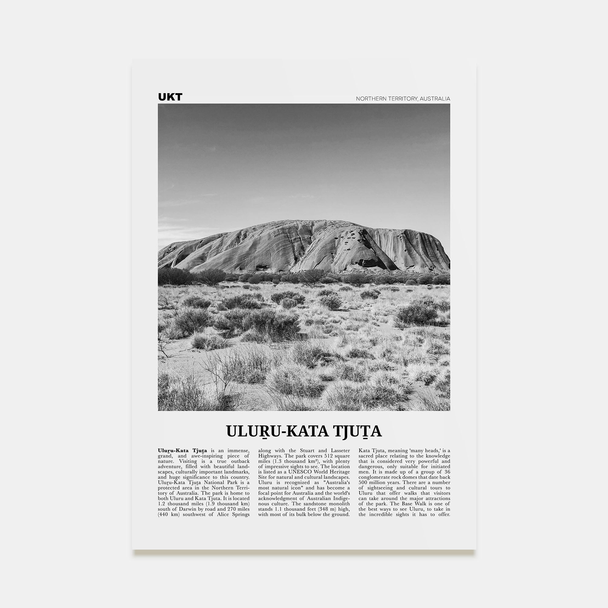 Uluru-Kata Tjuta Travel B&W Poster
