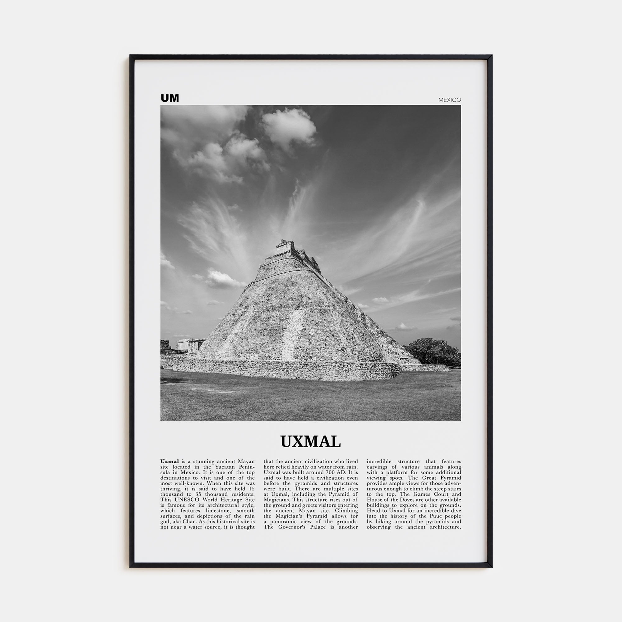 Uxmal Travel B&W Poster