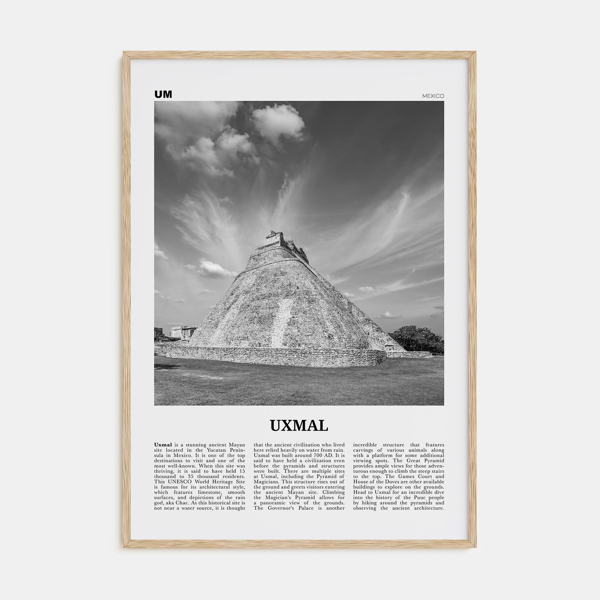 Uxmal Travel B&W Poster