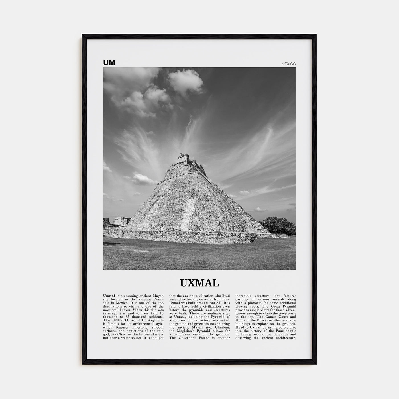 Uxmal Travel B&W Poster