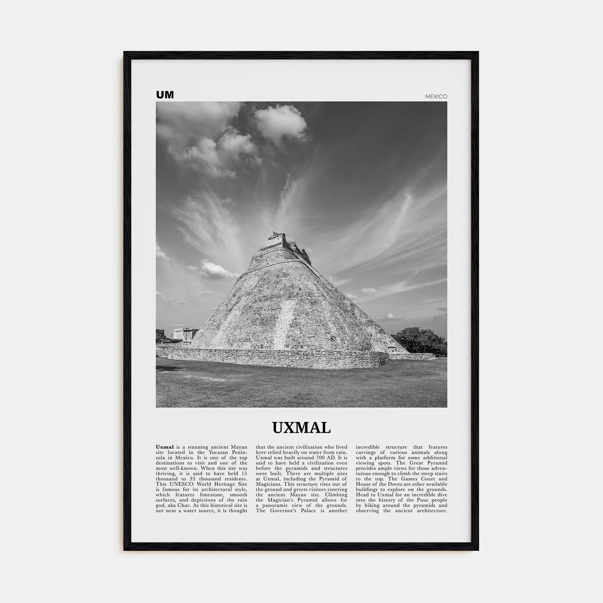 Uxmal Travel B&W Poster