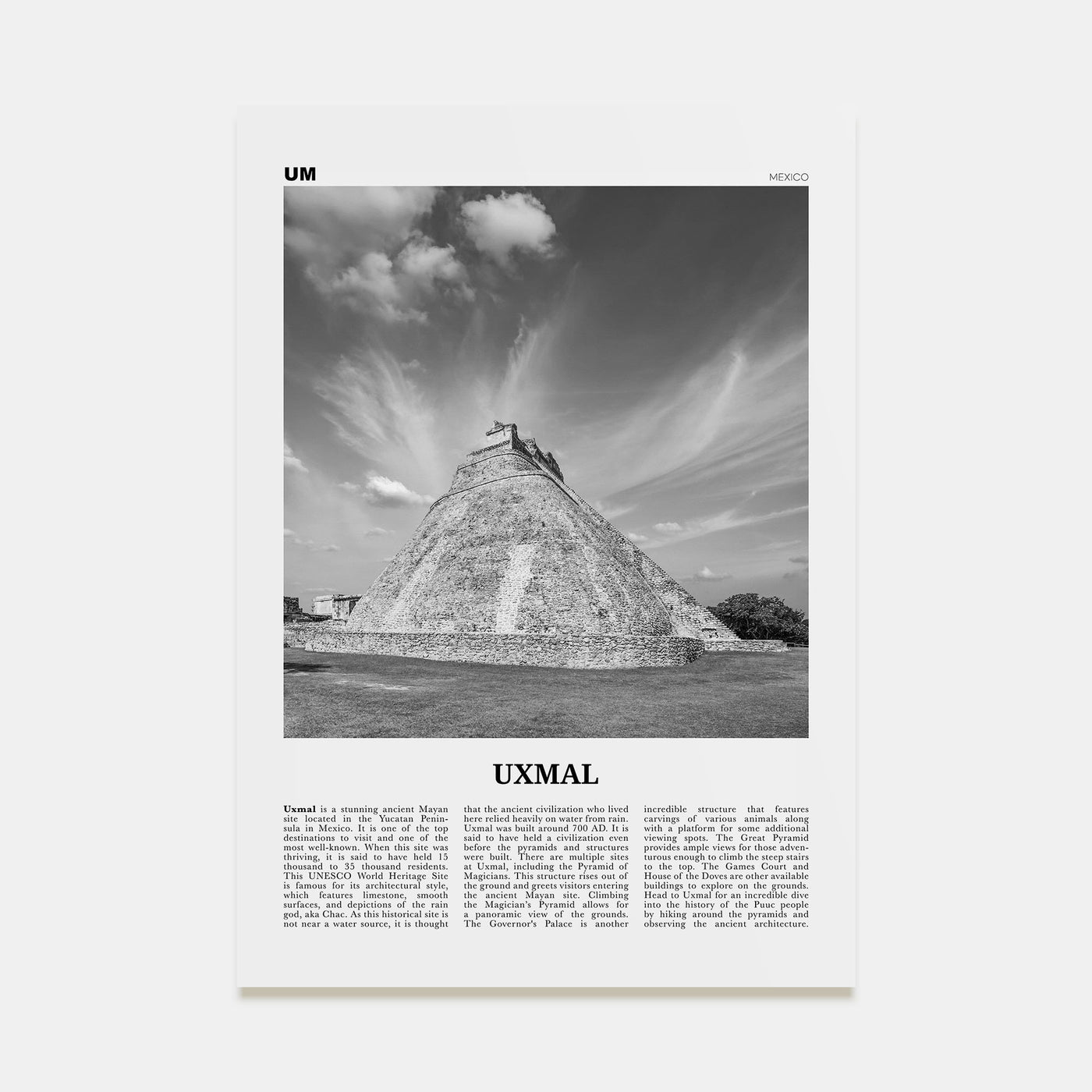 Uxmal Travel B&W Poster