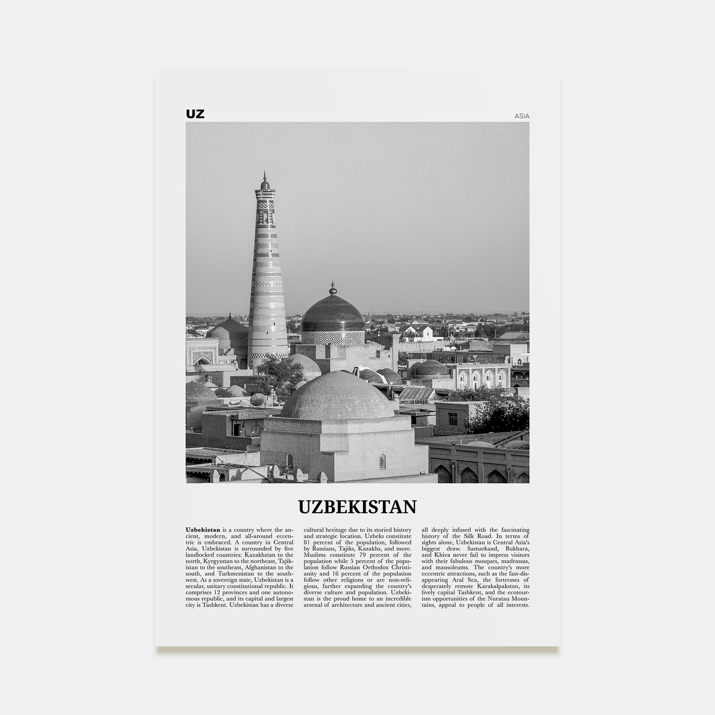 Uzbekistan Travel B&W Poster