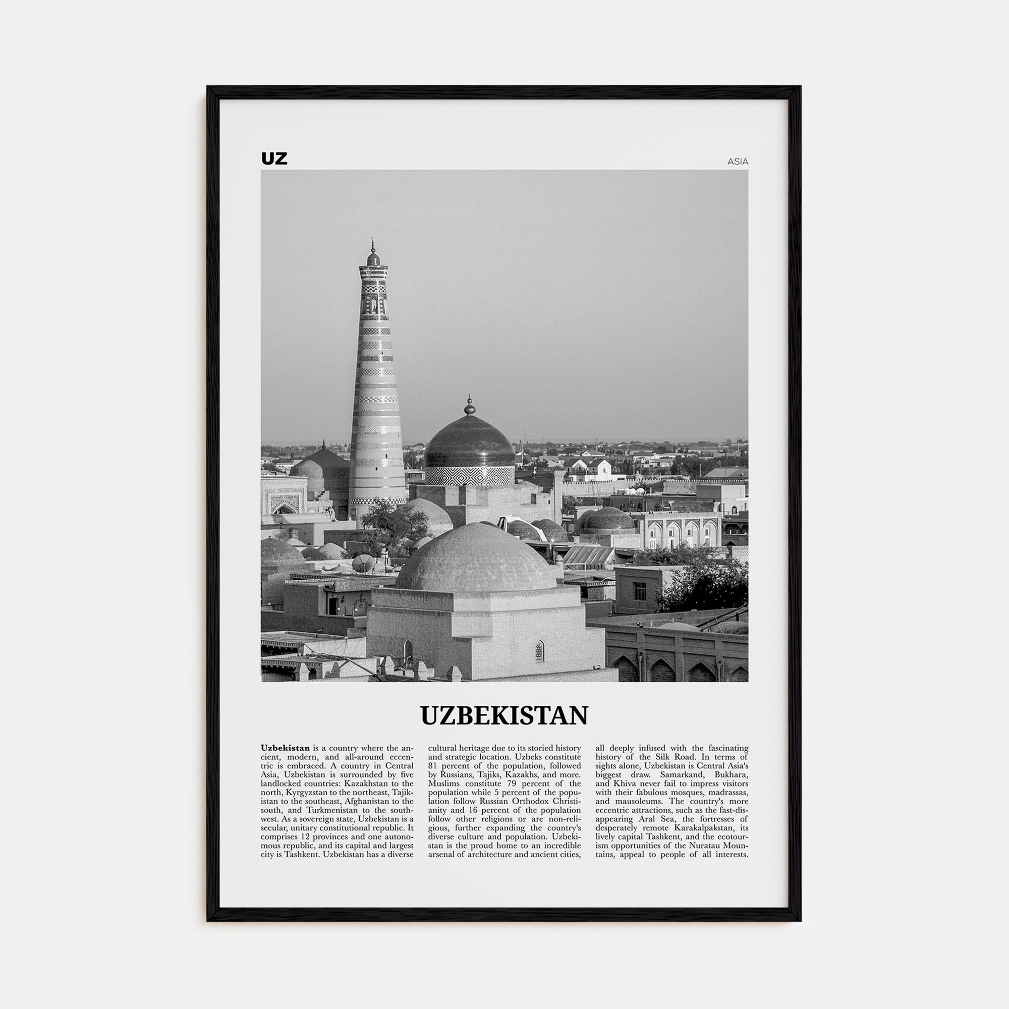 Uzbekistan Travel B&W Poster