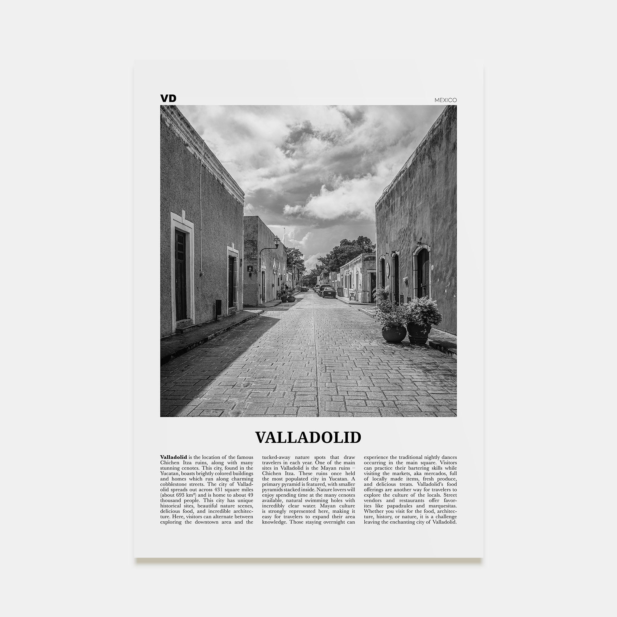 Valladolid, Mexico Travel B&W Poster