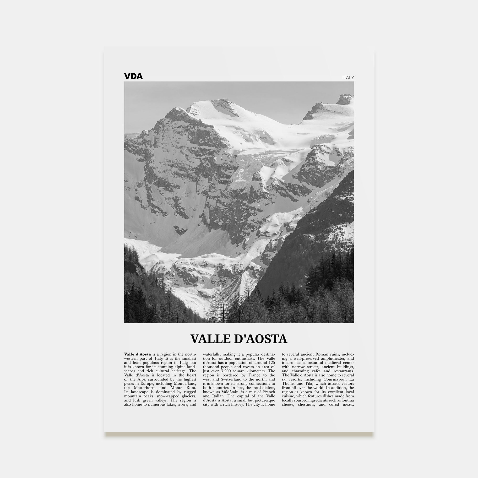 Valle d'Aosta Travel B&W Poster