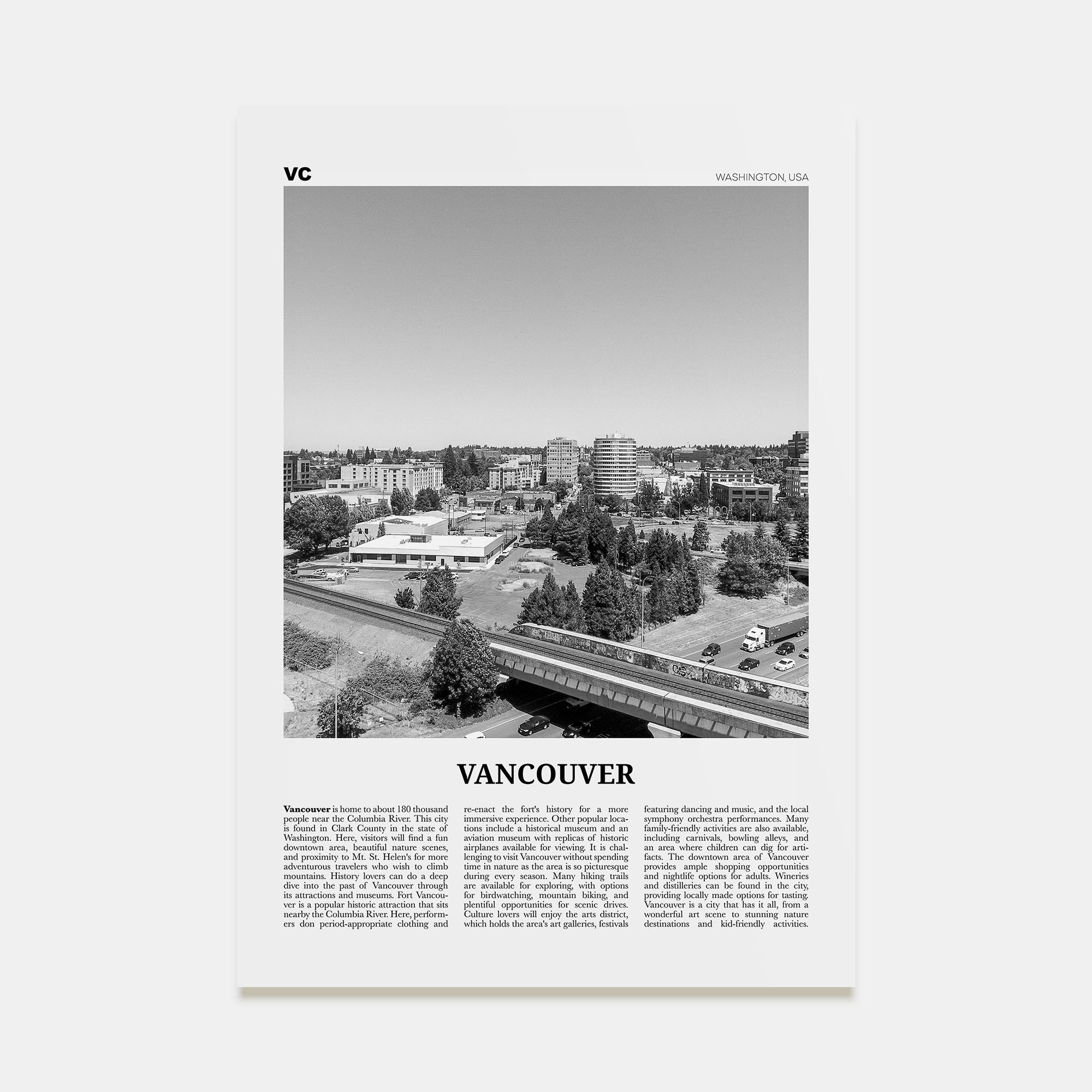 Vancouver, Washington Travel B&W Poster
