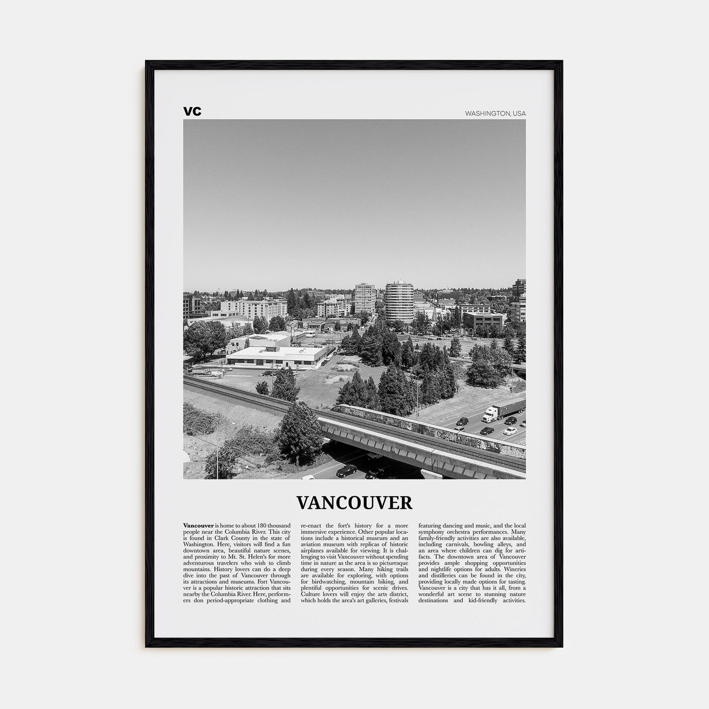 Vancouver, Washington Travel B&W Poster
