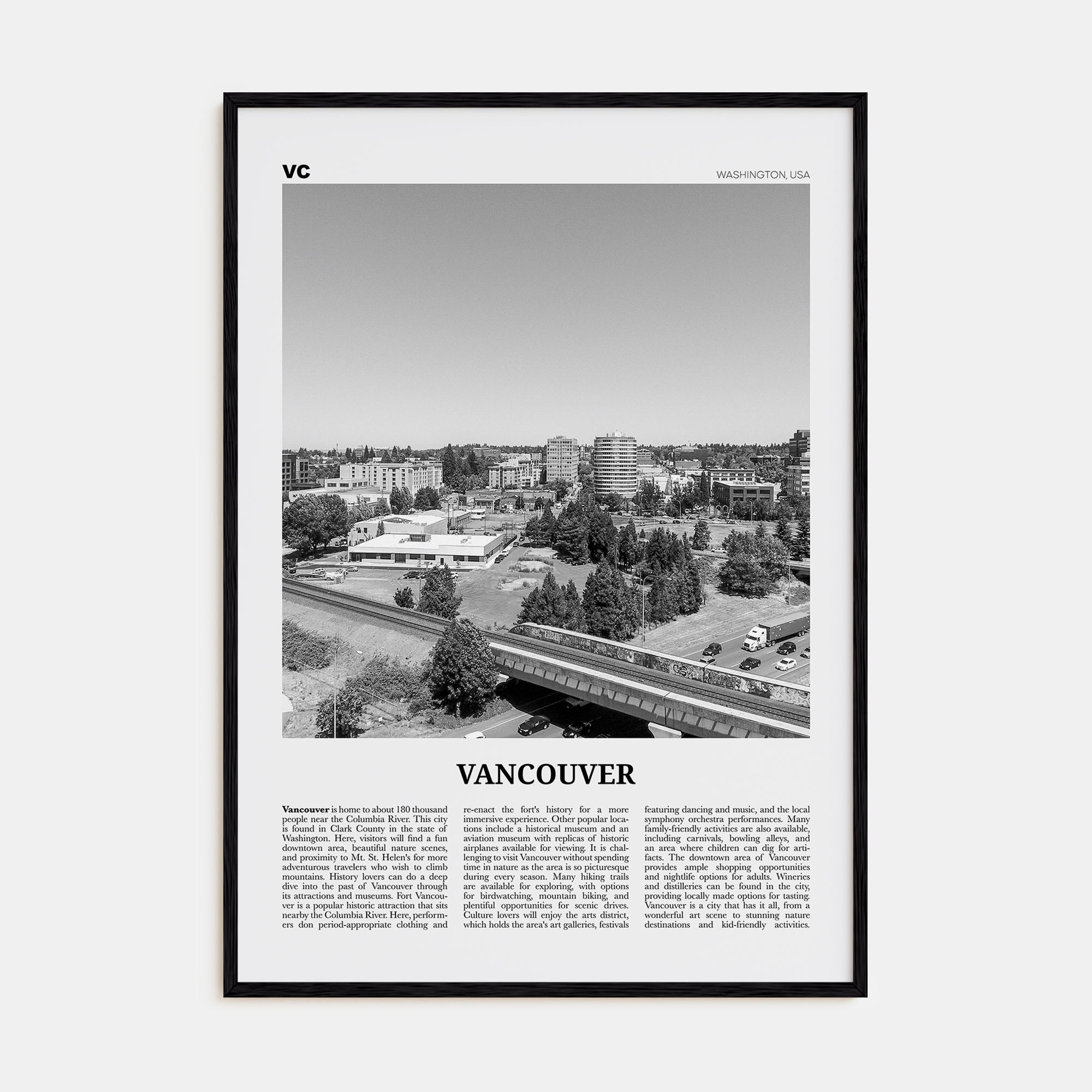Vancouver, Washington Travel B&W Poster