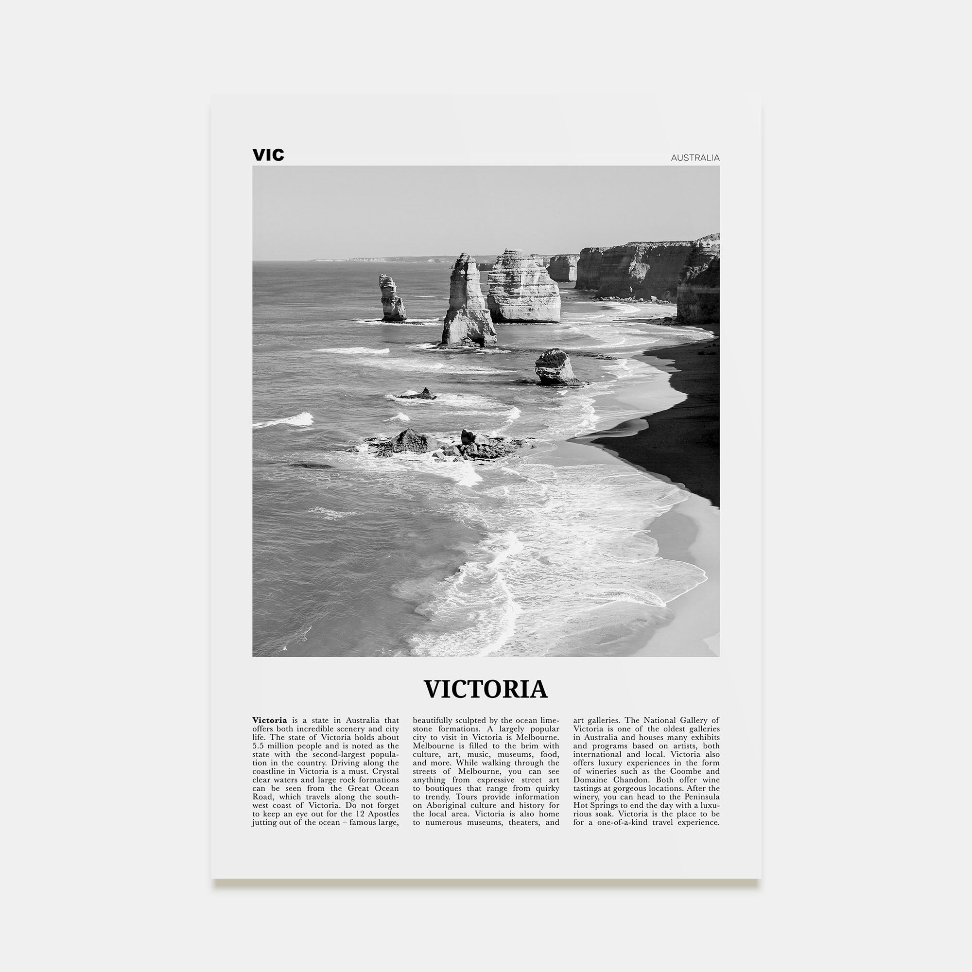 Victoria, Australia Travel B&W Poster