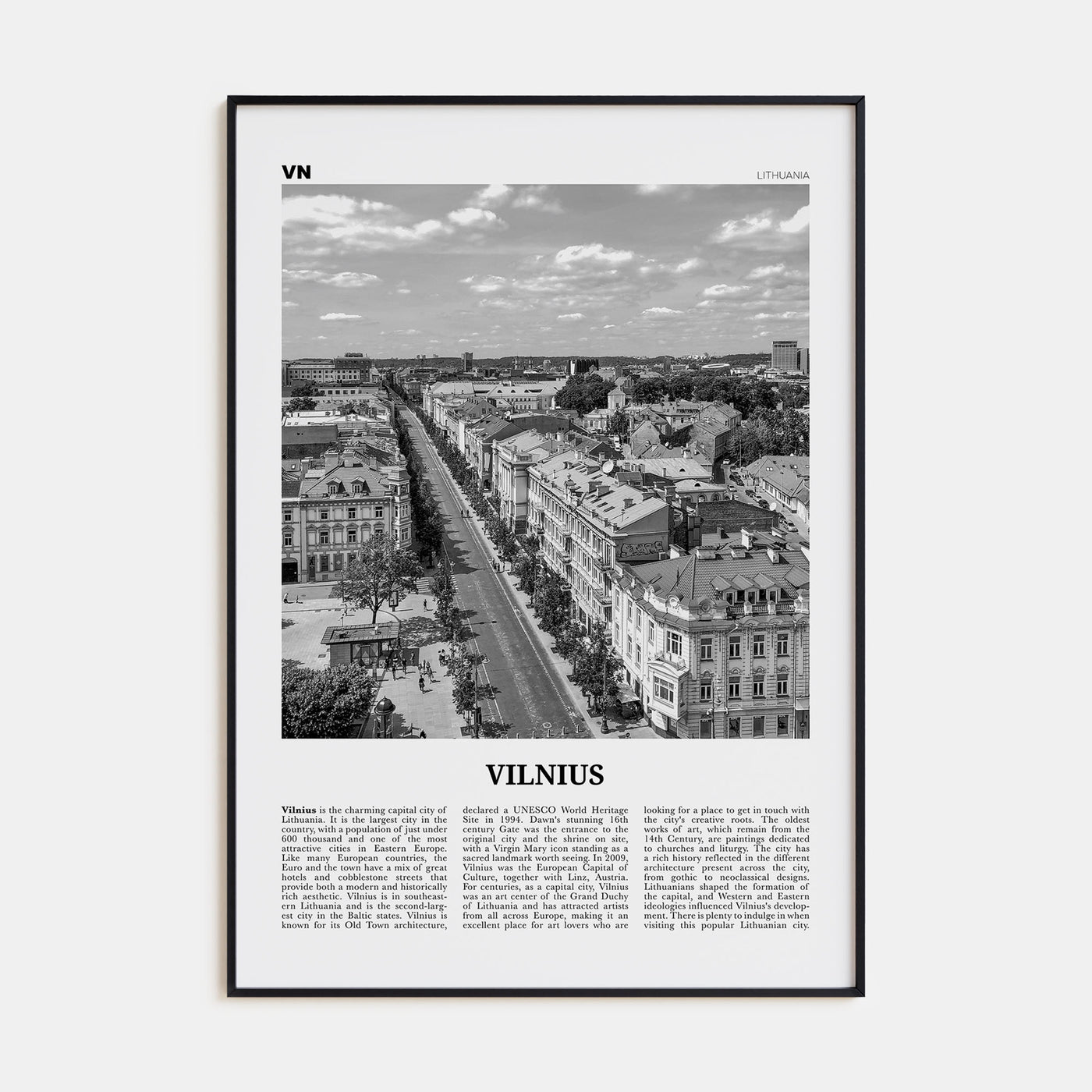 Vilnius Travel B&W Poster