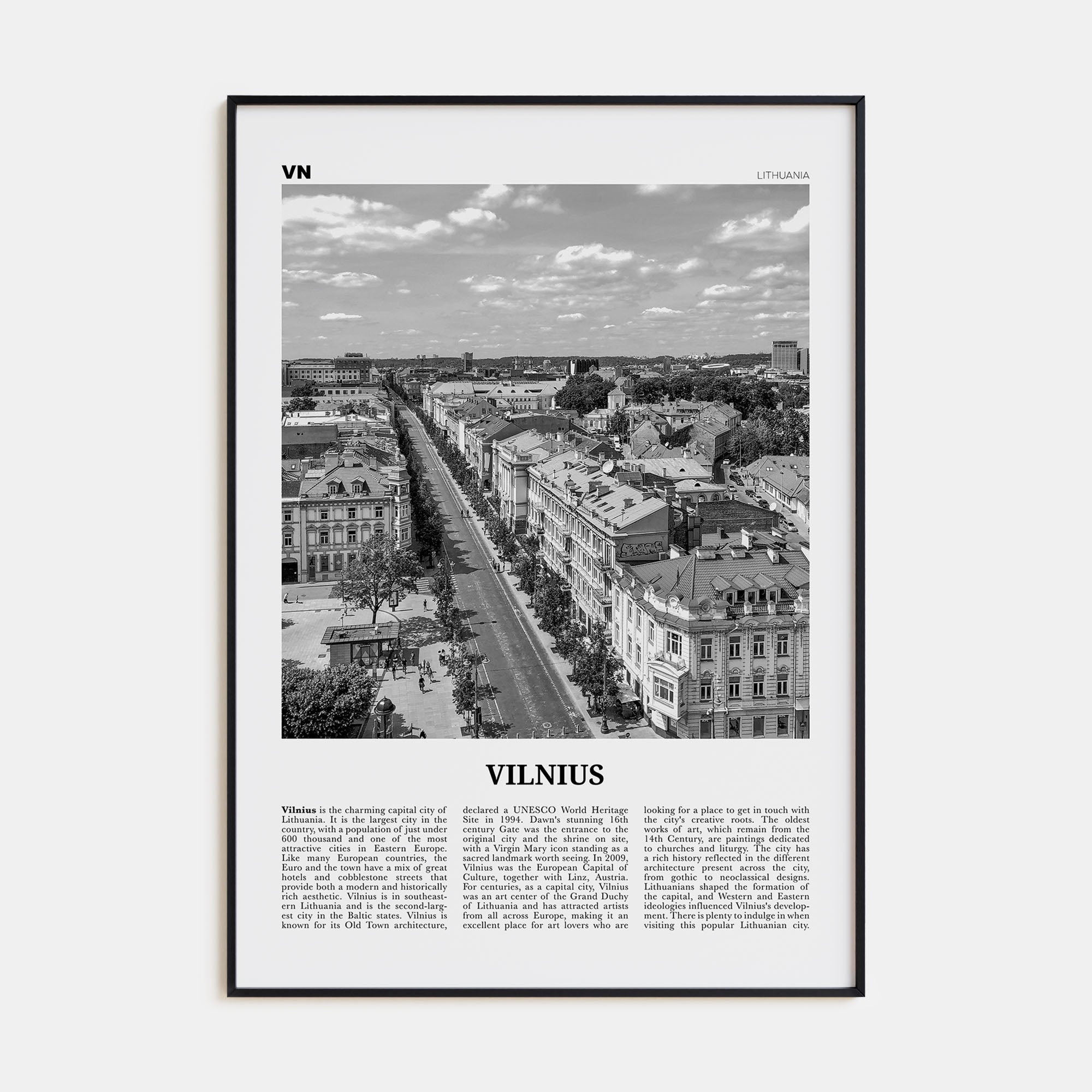 Vilnius Travel B&W Poster