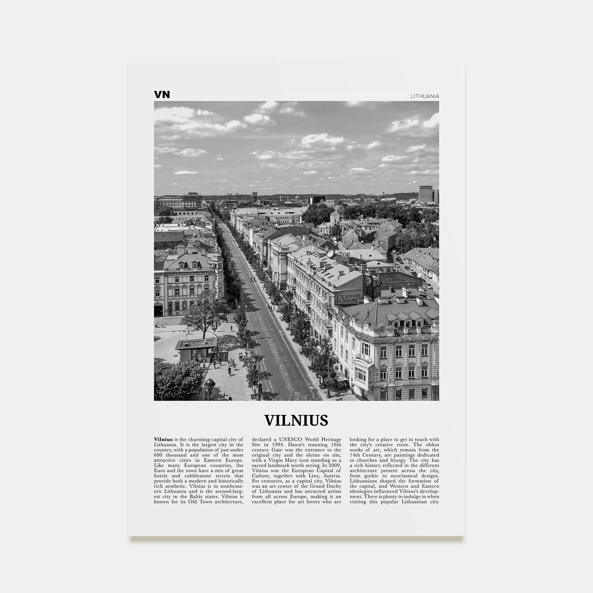 Vilnius Travel B&W Poster