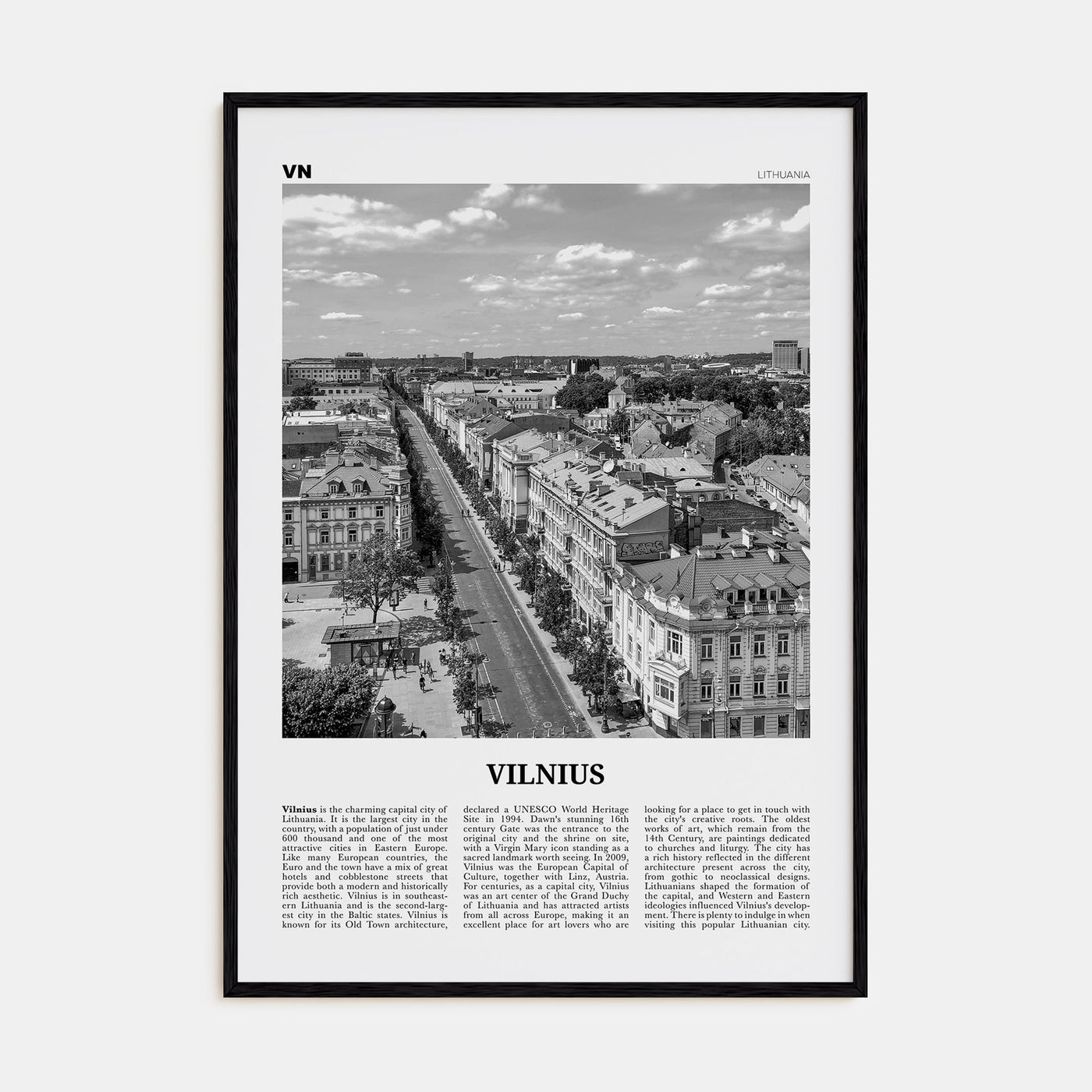 Vilnius Travel B&W Poster