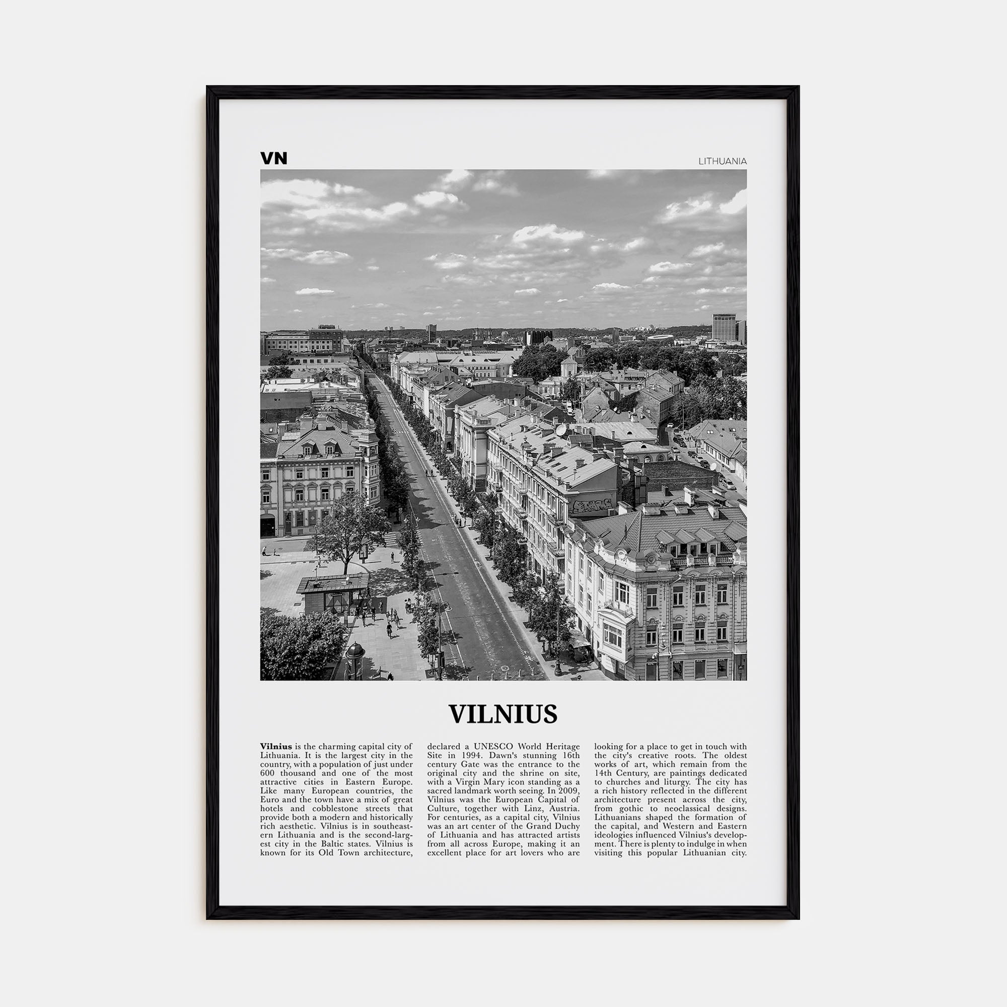 Vilnius Travel B&W Poster