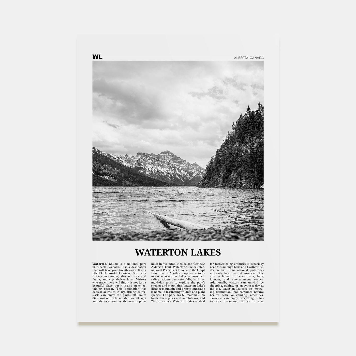Waterton Lakes National Park Travel B&W Poster