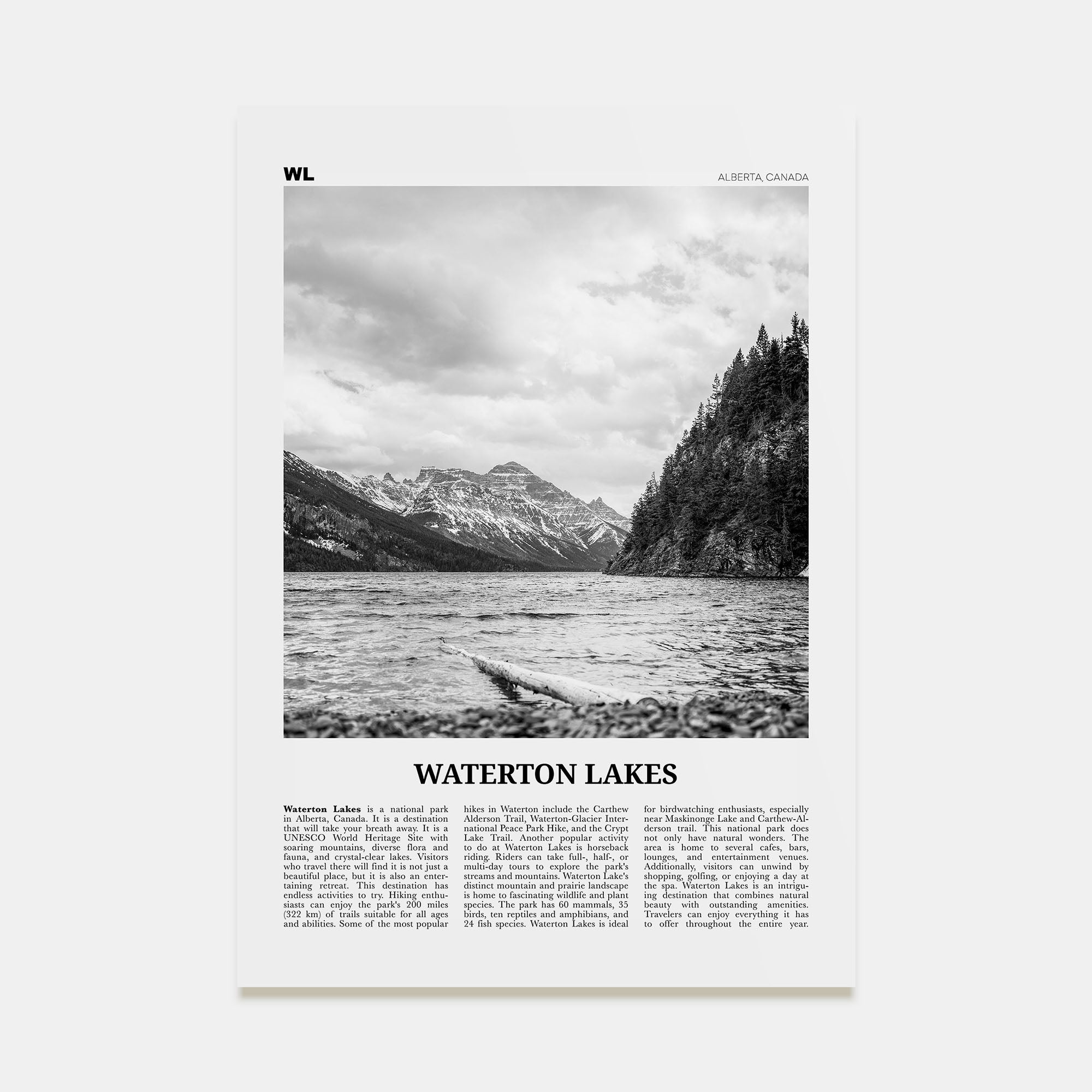 Waterton Lakes National Park Travel B&W Poster