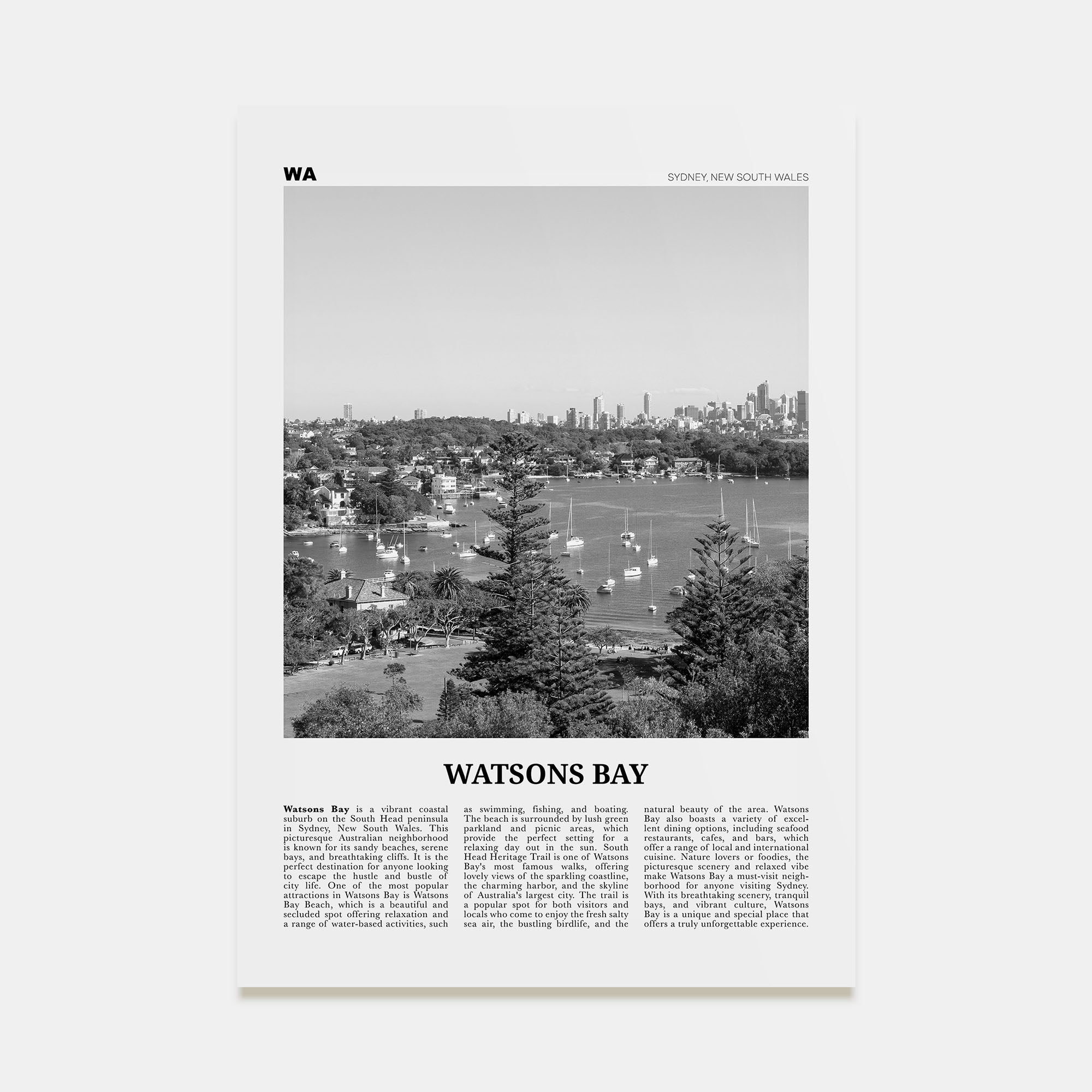 Watsons Bay Travel B&W Poster
