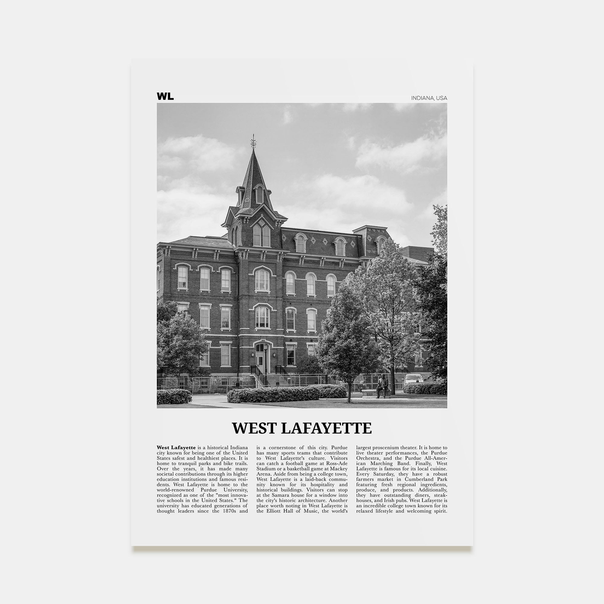 West Lafayette Travel B&W Poster
