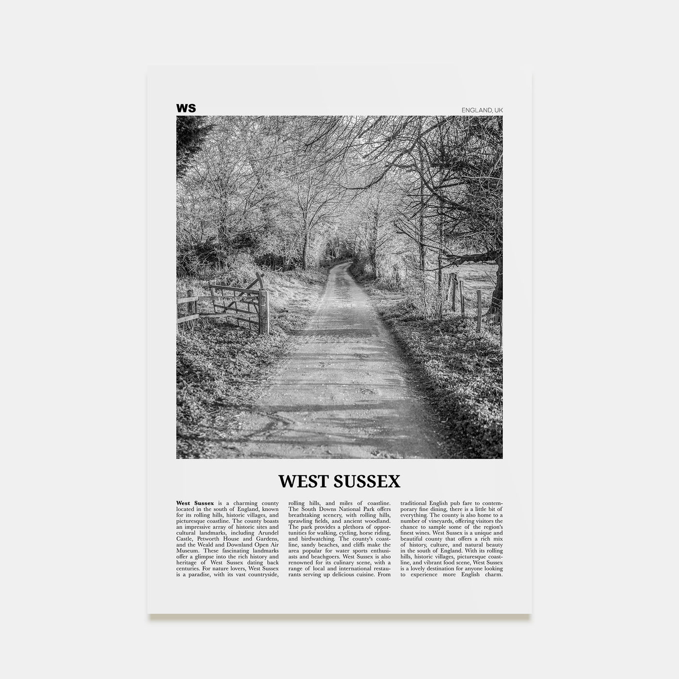West Sussex Travel B&W Poster