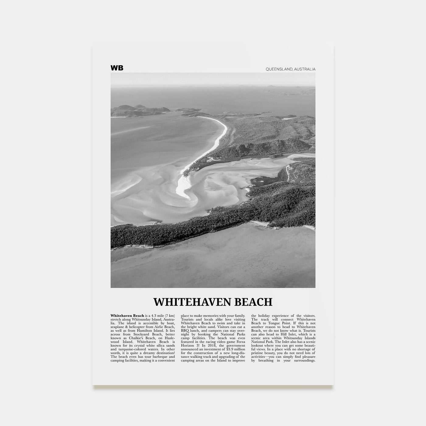 Whitehaven Beach Travel B&W Poster