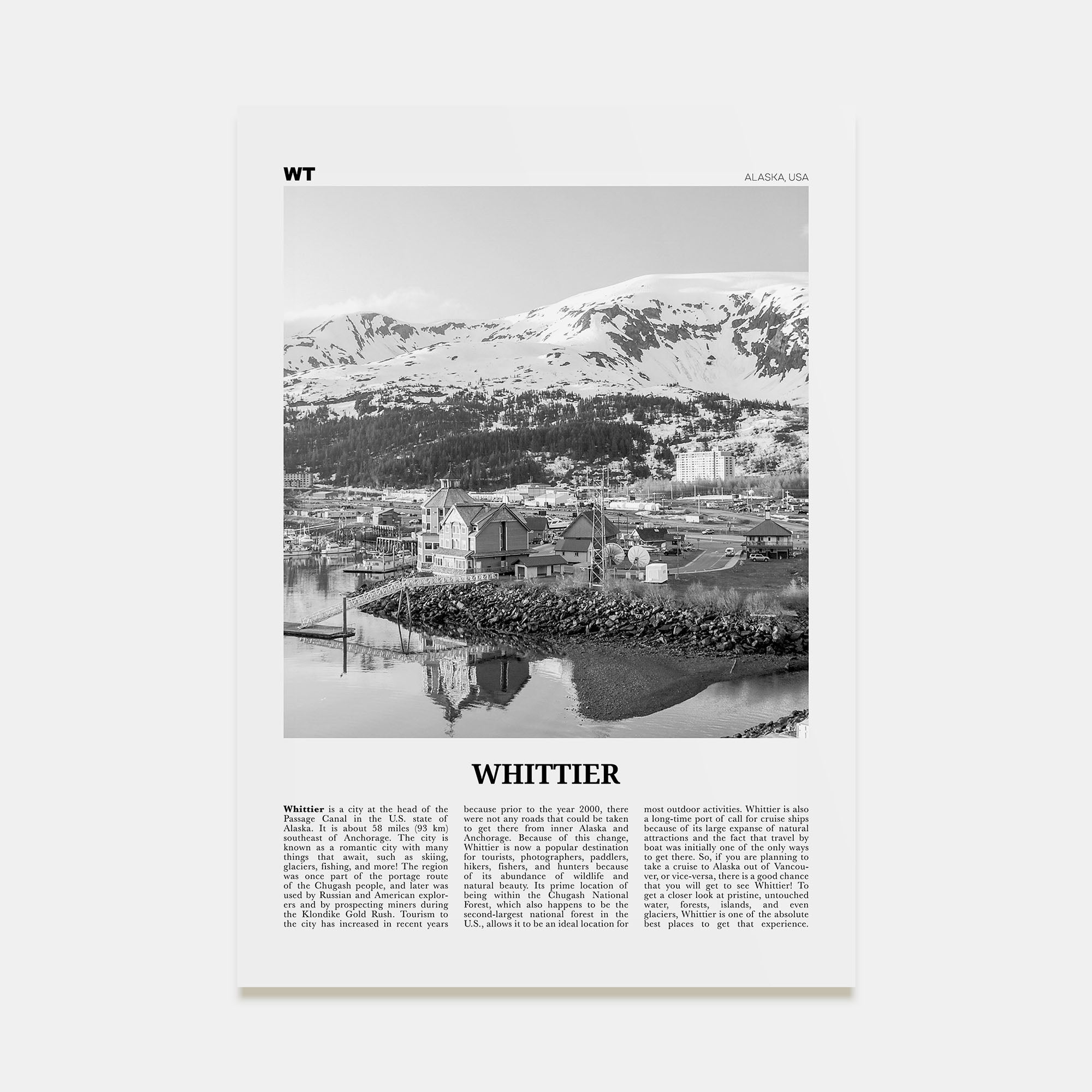 Whittier, Alaska Travel B&W Poster