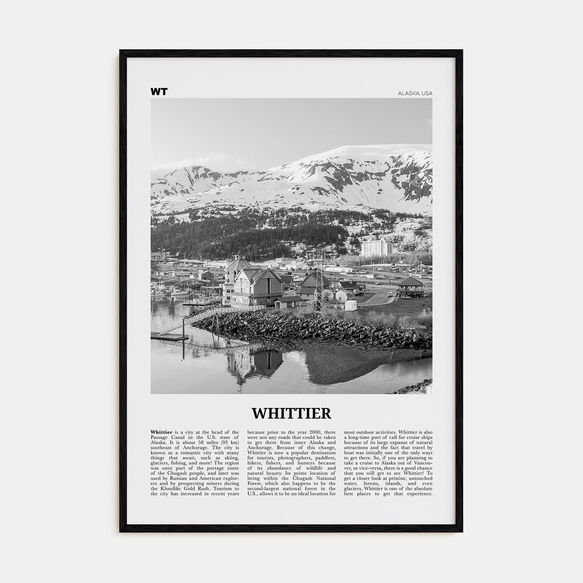 Whittier, Alaska Travel B&W Poster