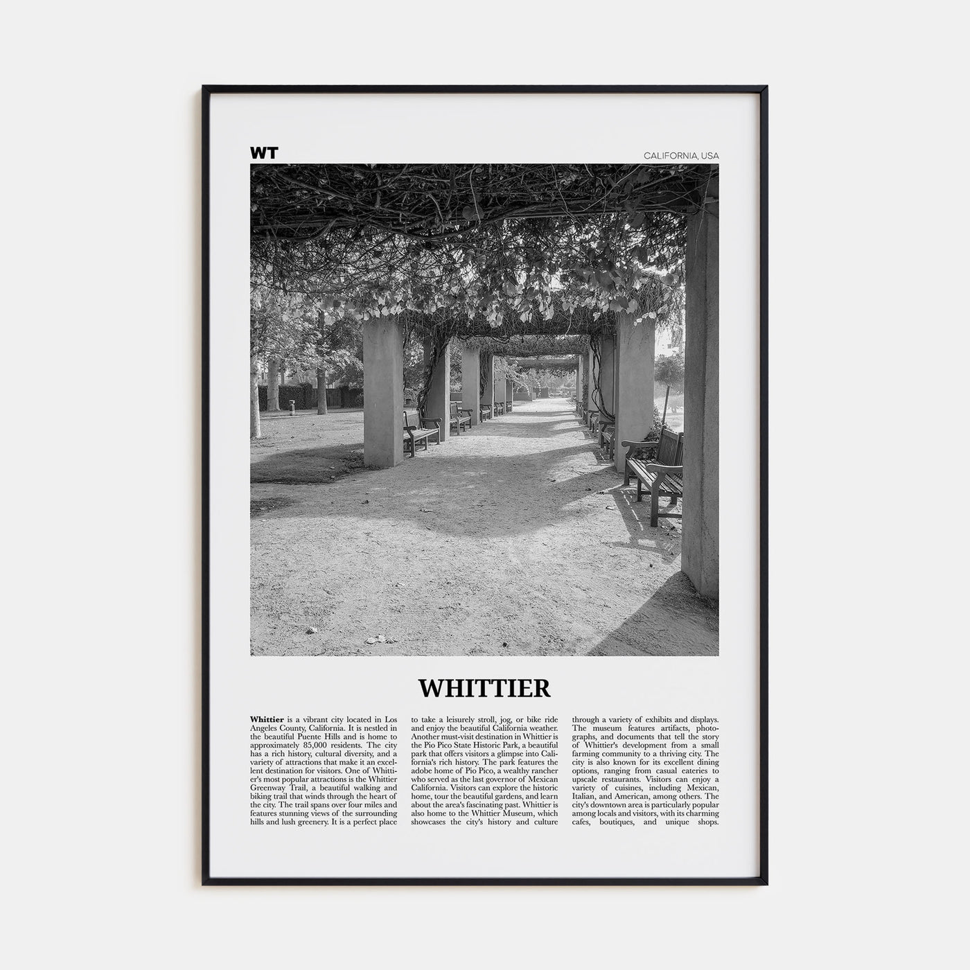 Whittier, California Travel B&W Poster