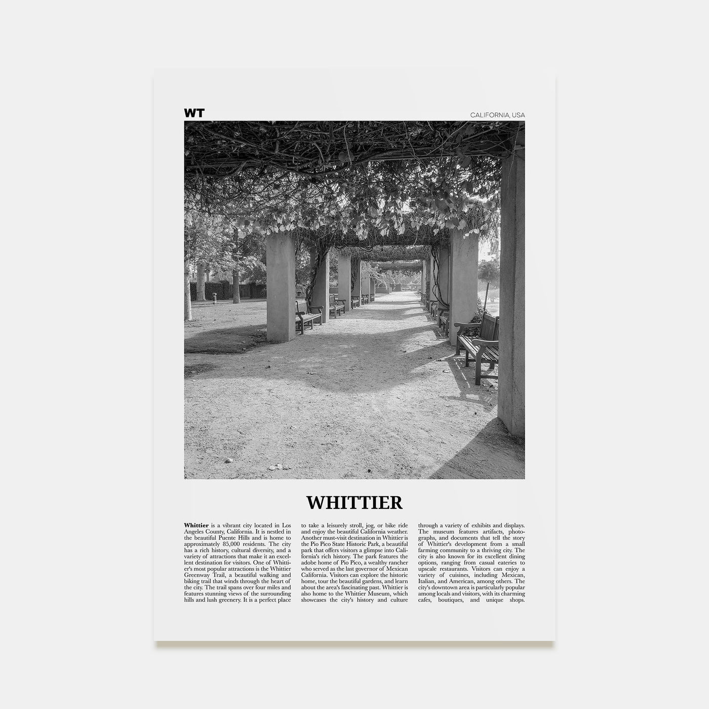 Whittier, California Travel B&W Poster