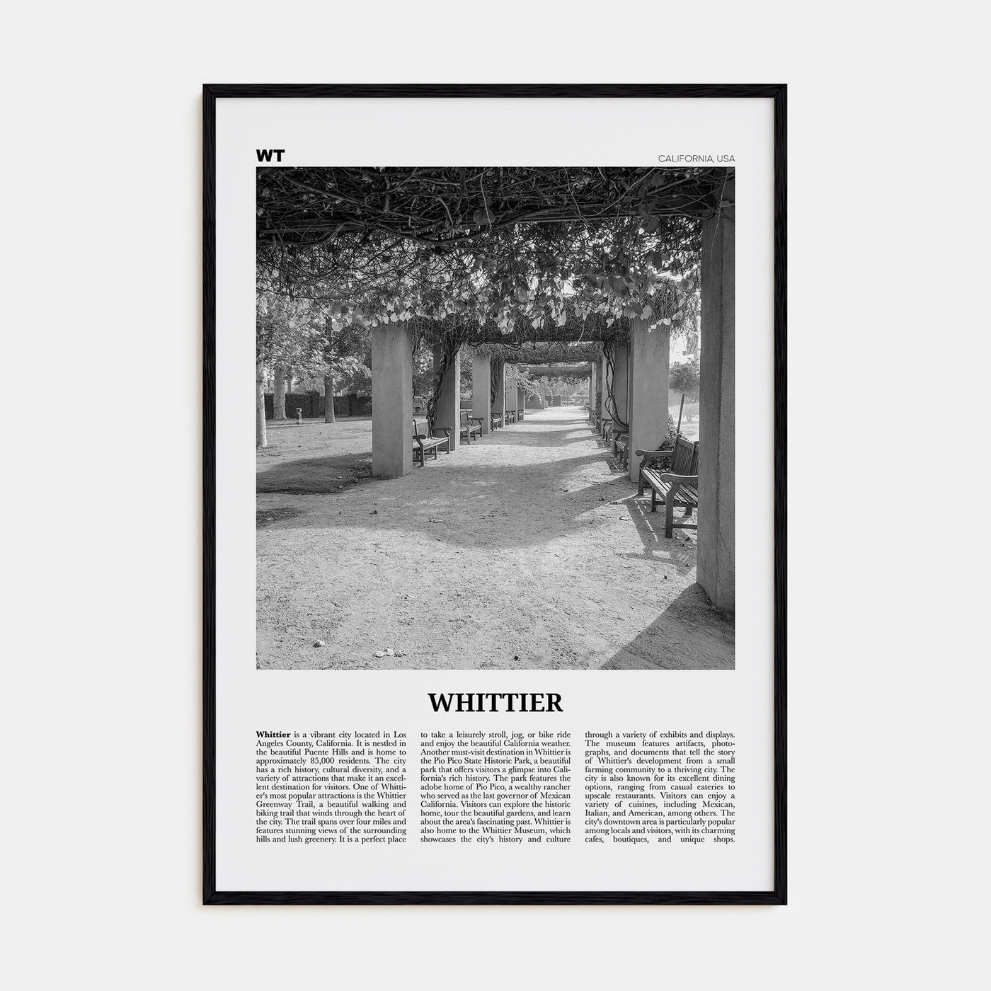 Whittier, California Travel B&W Poster