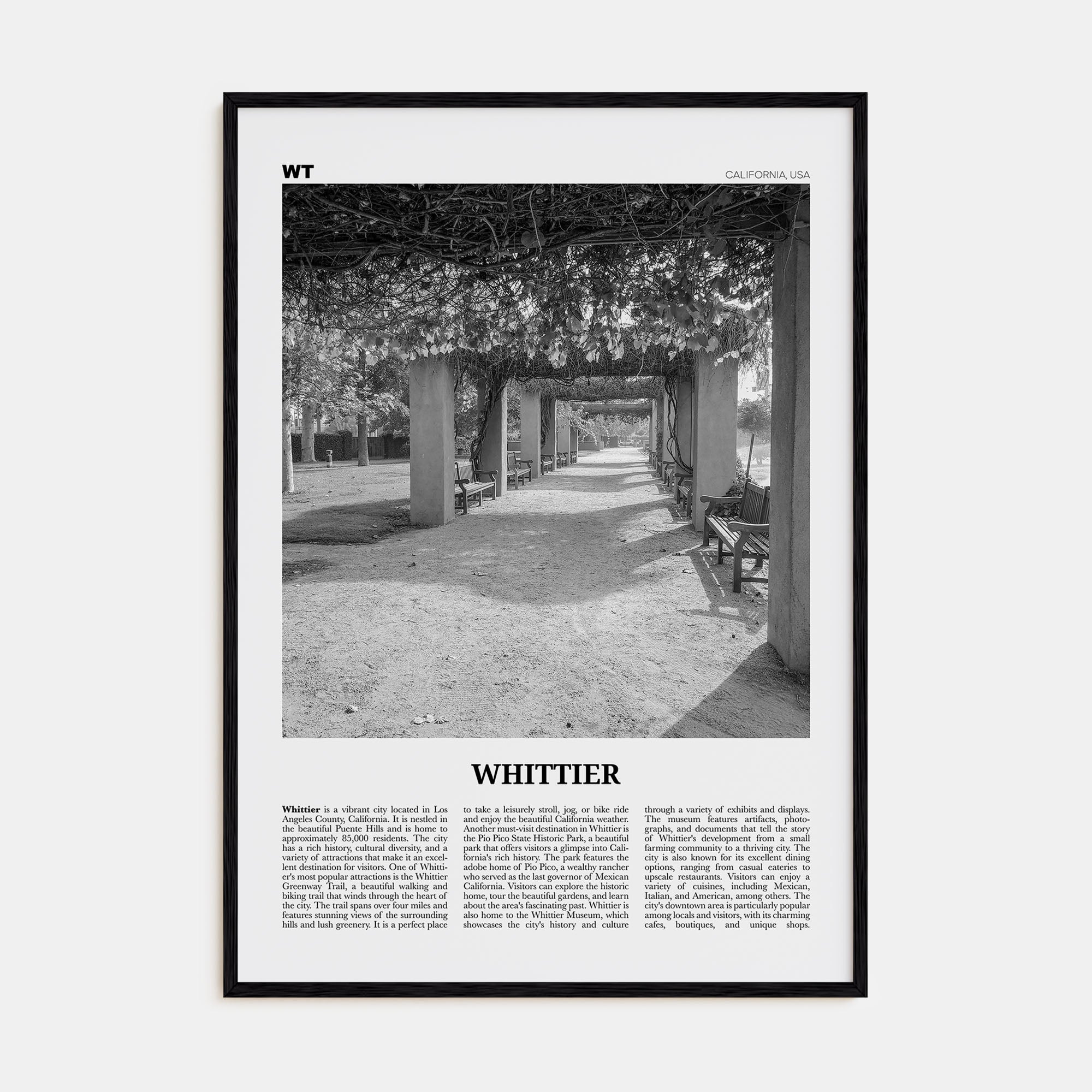 Whittier, California Travel B&W Poster