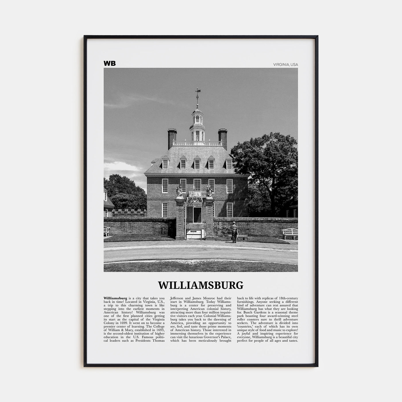 Williamsburg, Virginia Travel B&W Poster