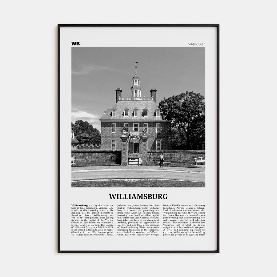 Williamsburg, Virginia Travel B&W Poster