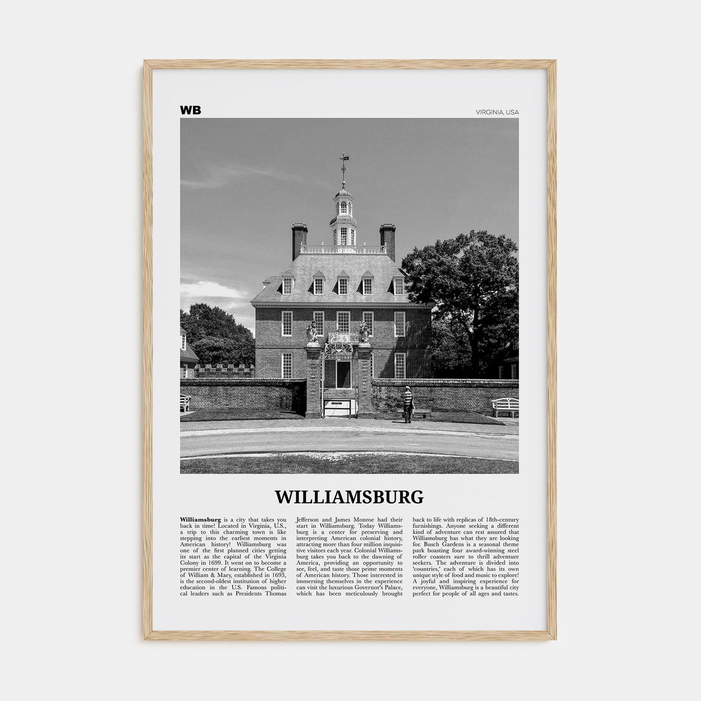 Williamsburg, Virginia Travel B&W Poster