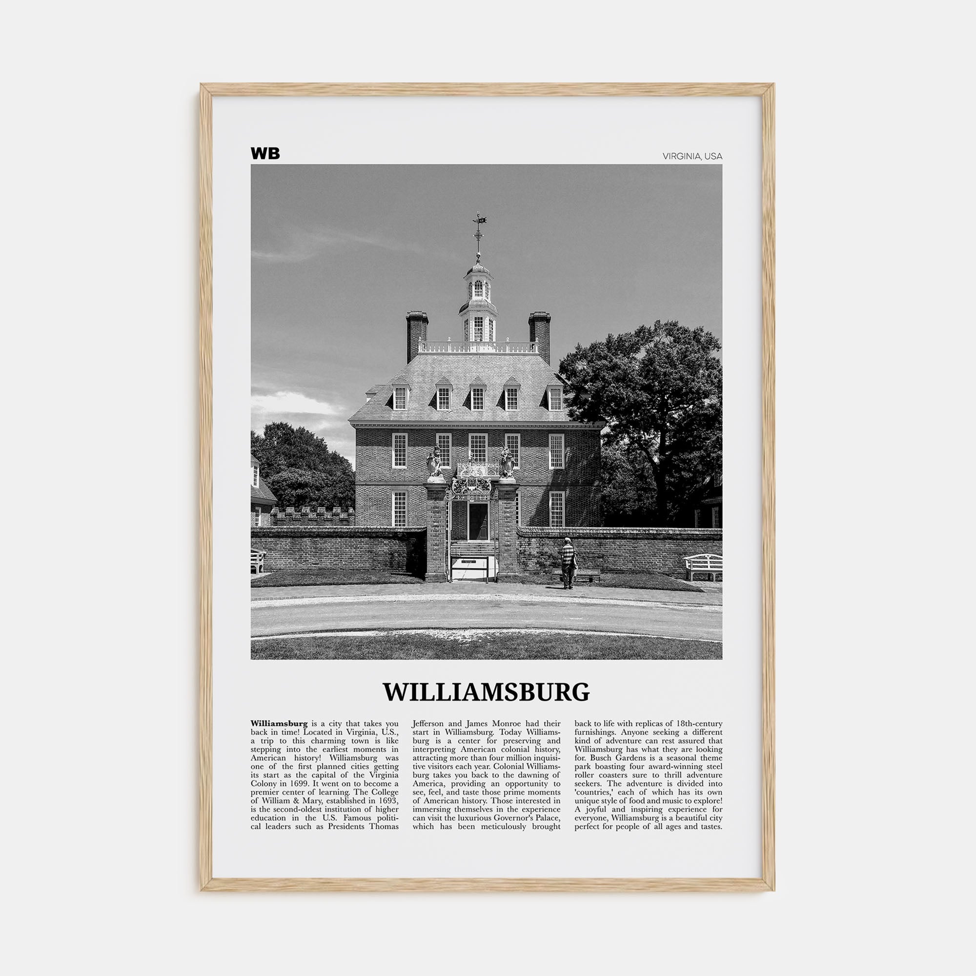 Williamsburg, Virginia Travel B&W Poster