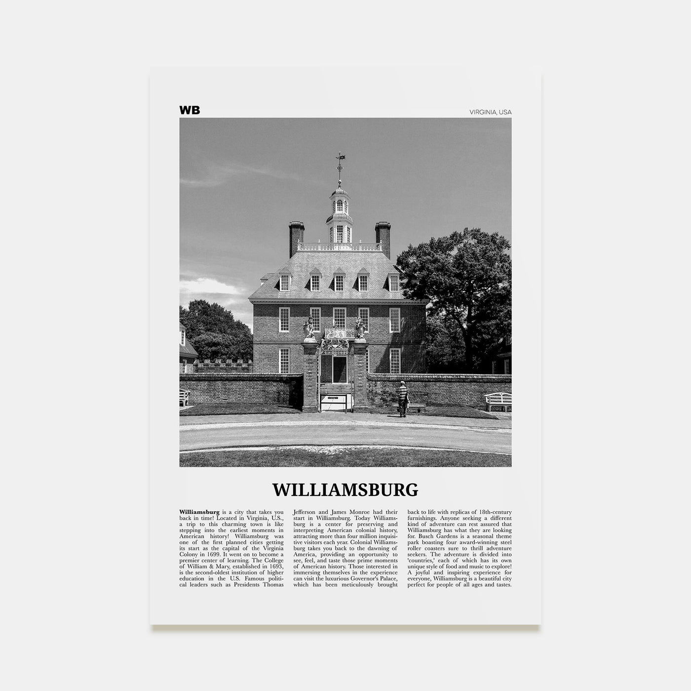 Williamsburg, Virginia Travel B&W Poster