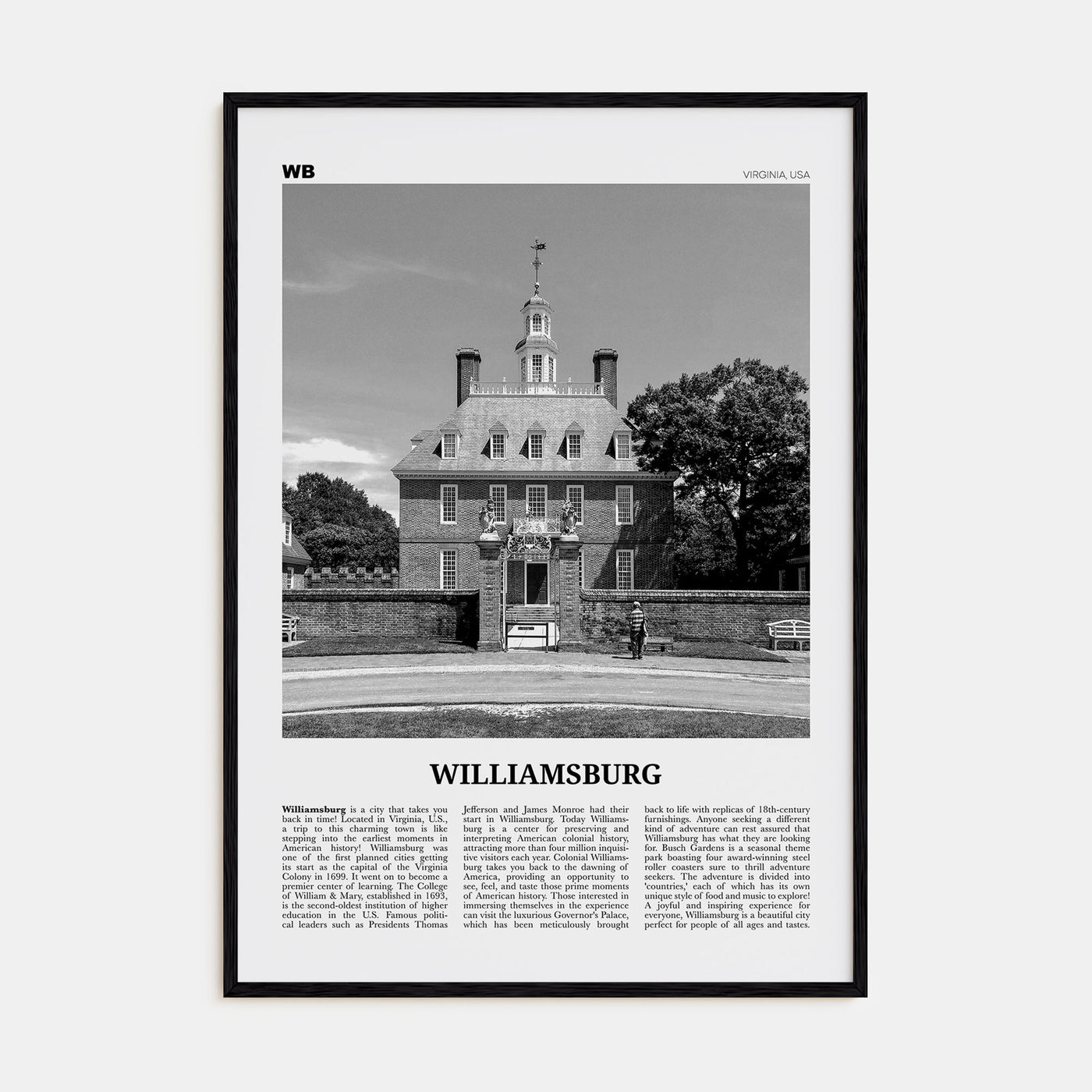 Williamsburg, Virginia Travel B&W Poster