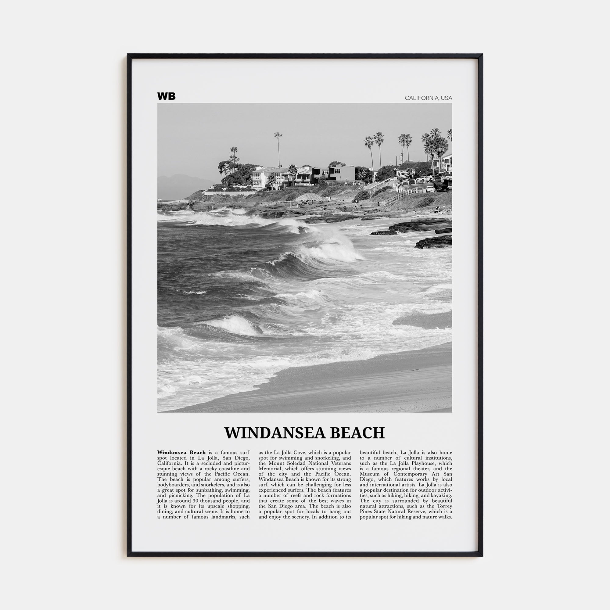 Windansea Beach Travel B&W Poster