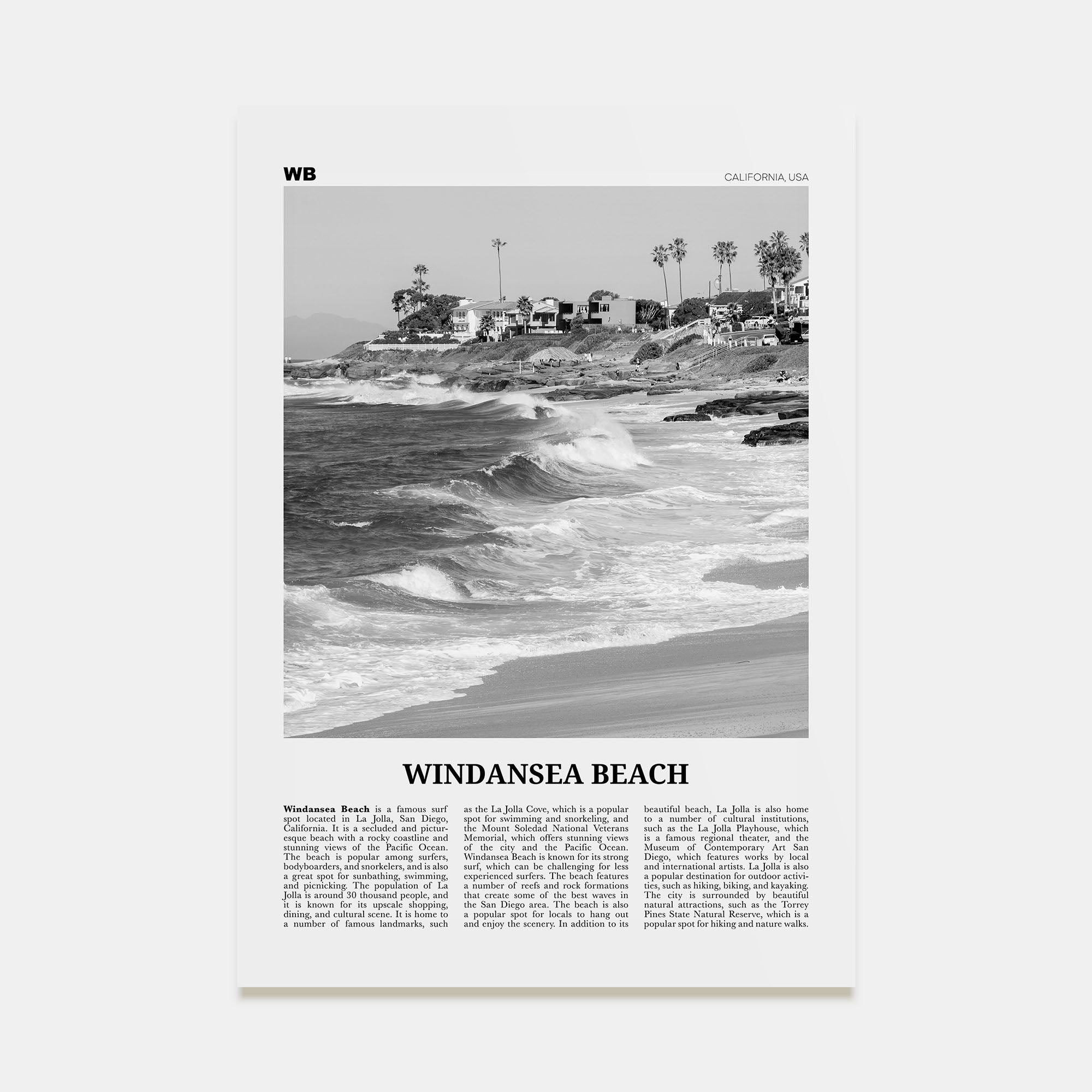 Windansea Beach Travel B&W Poster