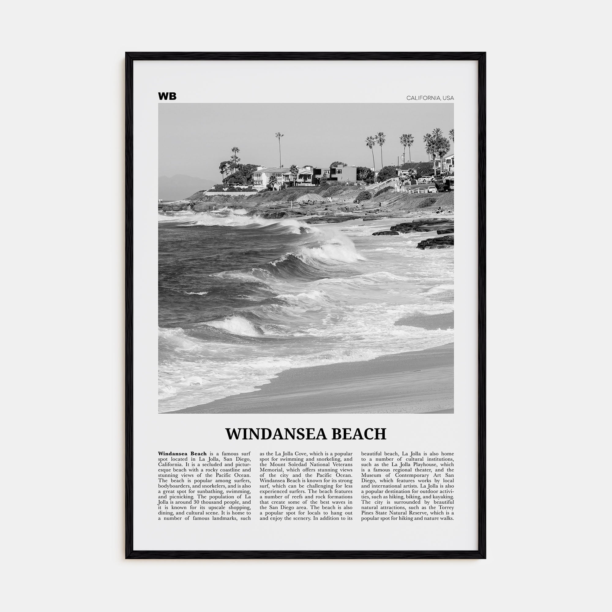 Windansea Beach Travel B&W Poster