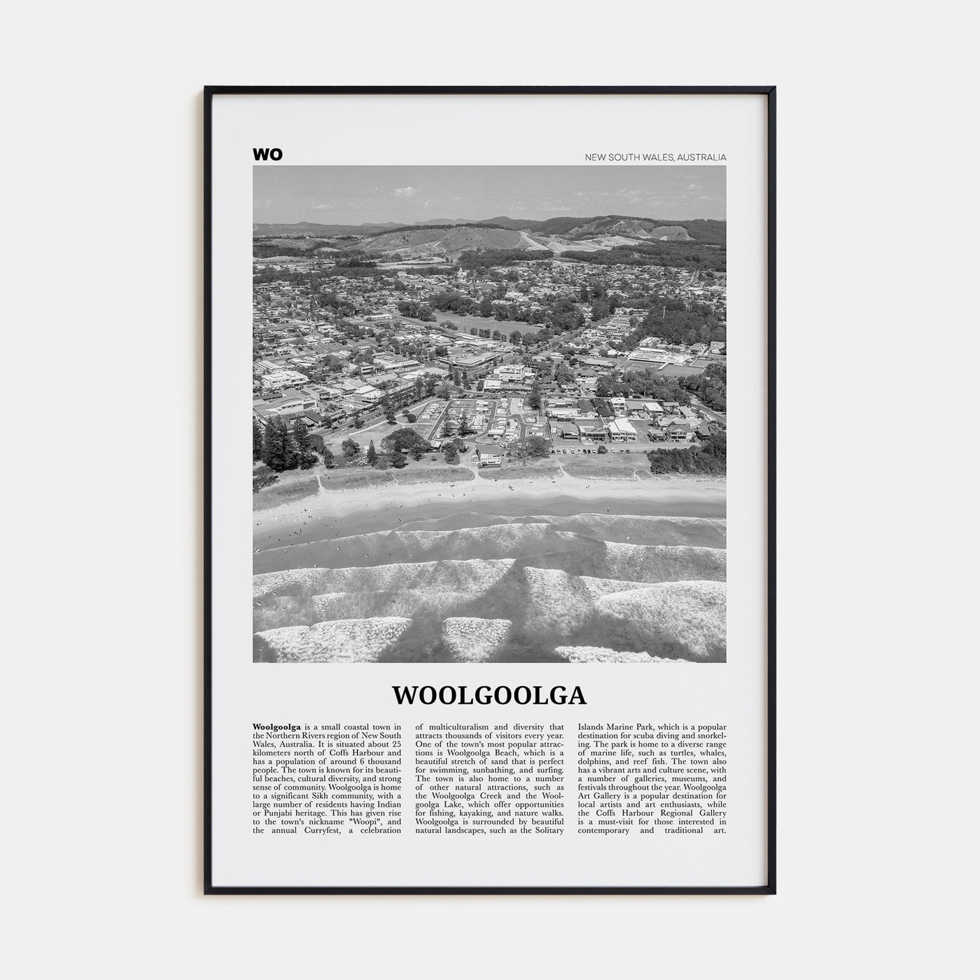 Woolgoolga Travel B&W Poster