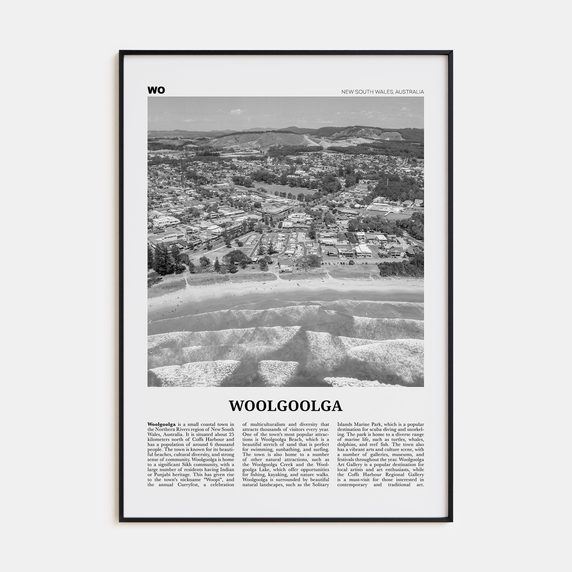 Woolgoolga Travel B&W Poster