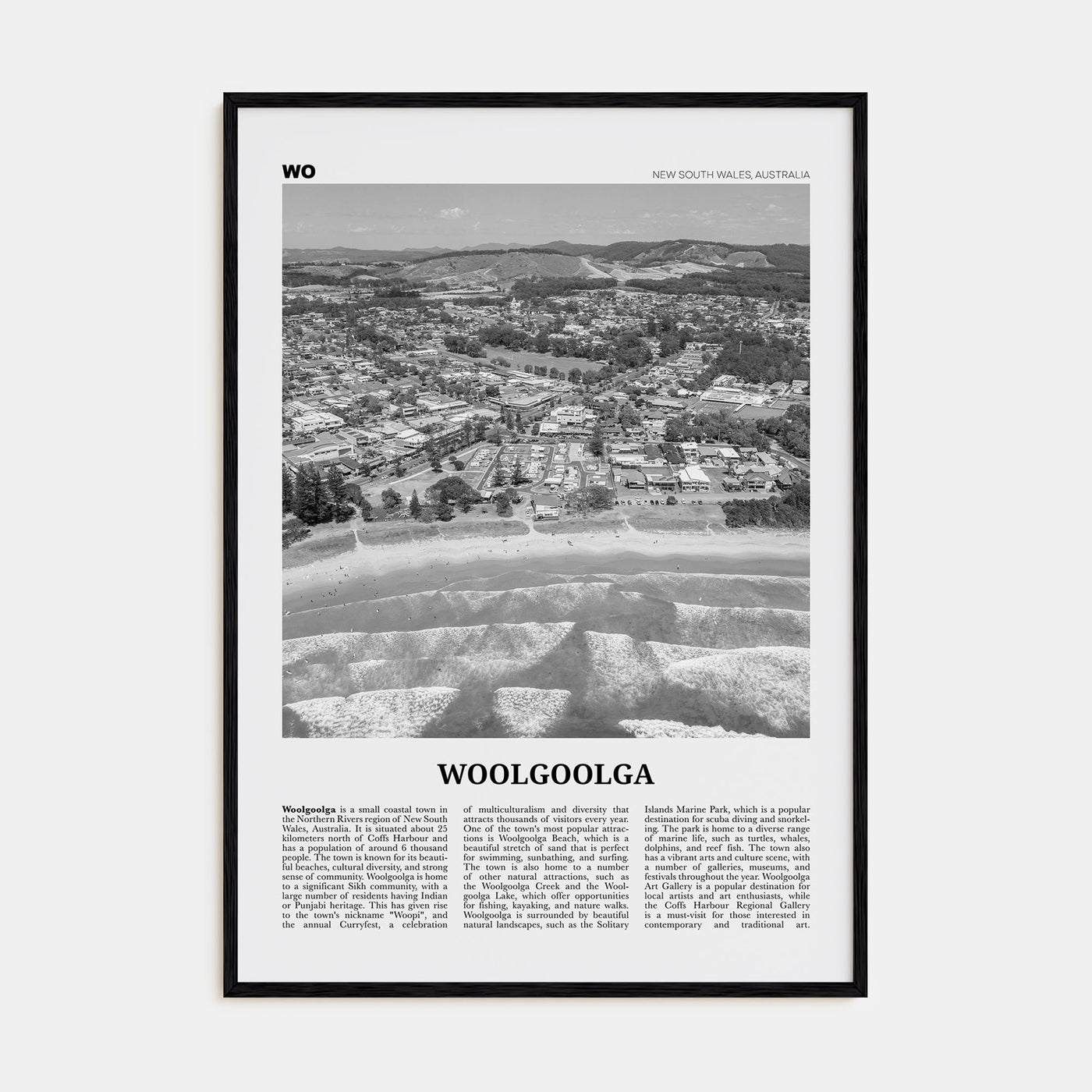 Woolgoolga Travel B&W Poster