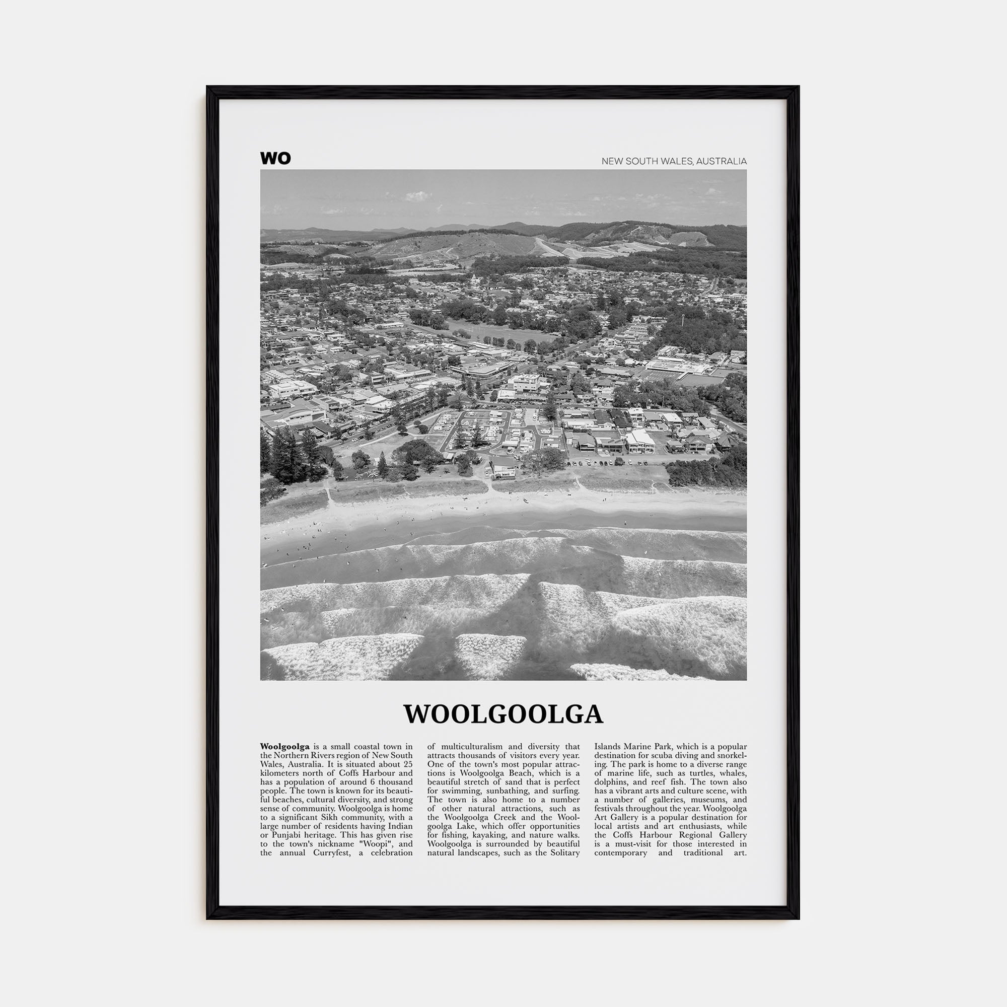 Woolgoolga Travel B&W Poster