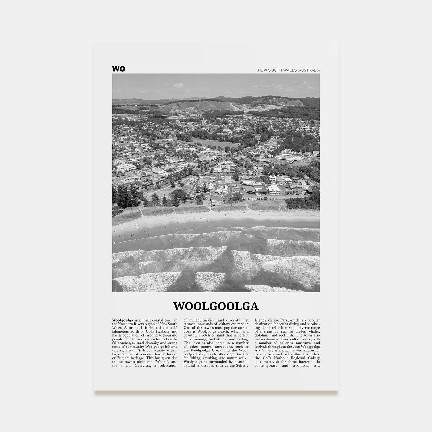 Woolgoolga Travel B&W Poster