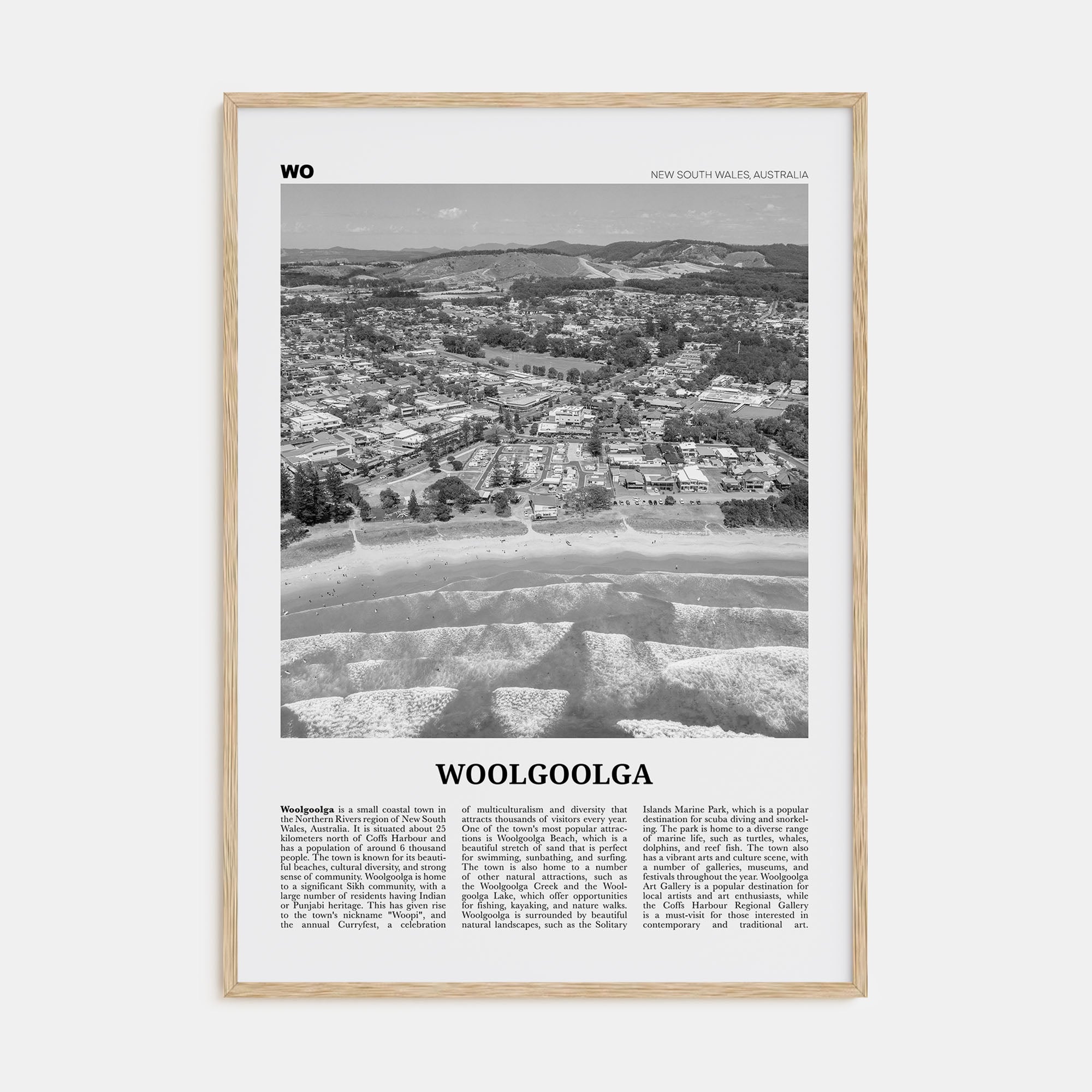 Woolgoolga Travel B&W Poster