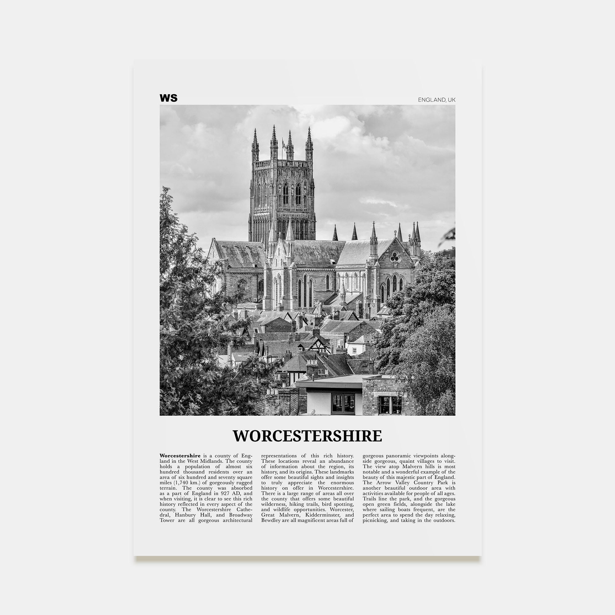 Worcestershire Travel B&W Poster