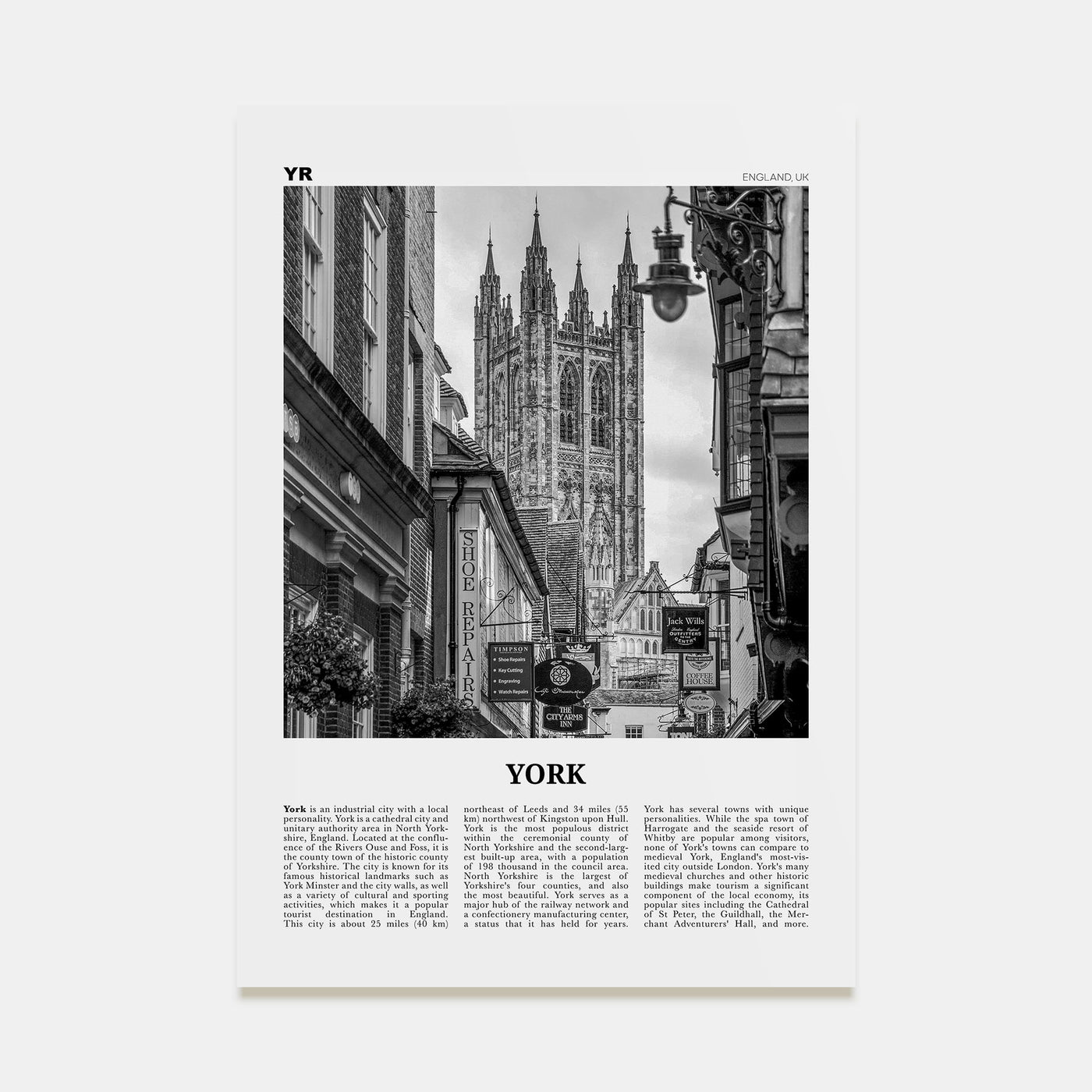York, England Travel B&W Poster