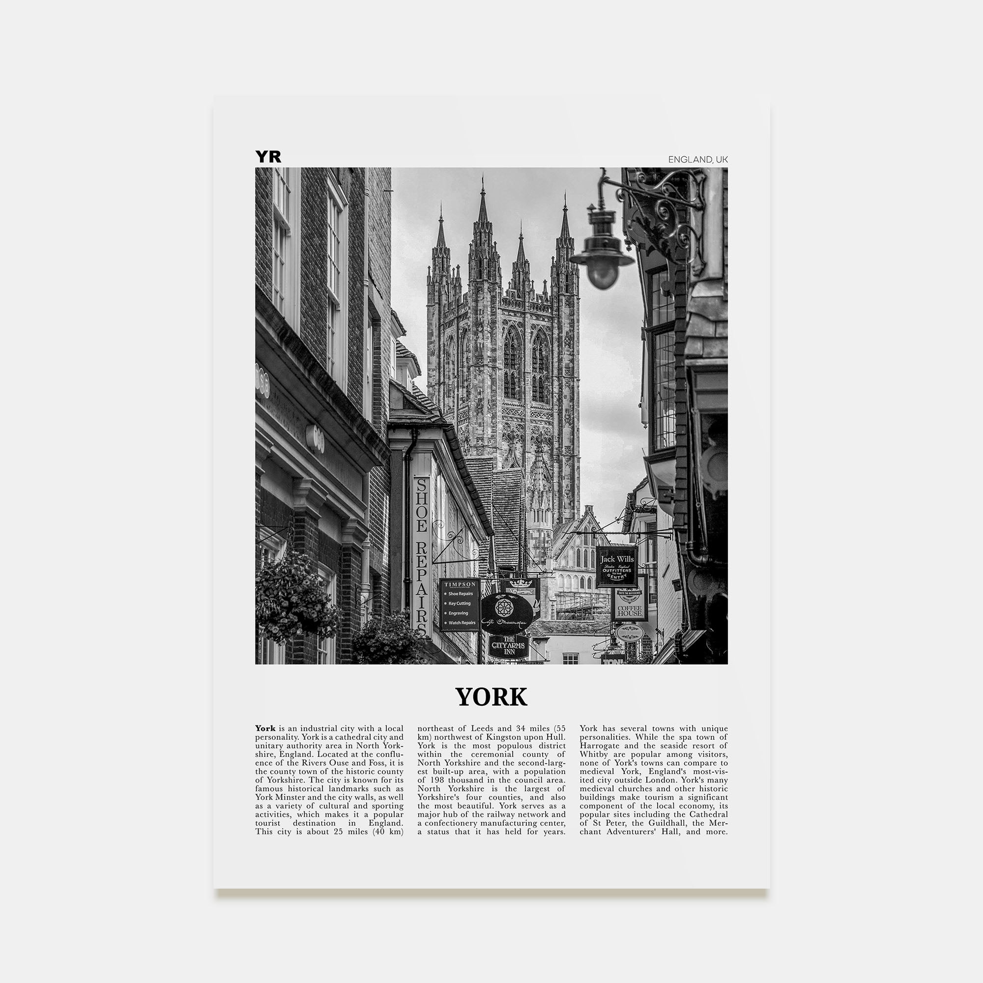 York, England Travel B&W Poster